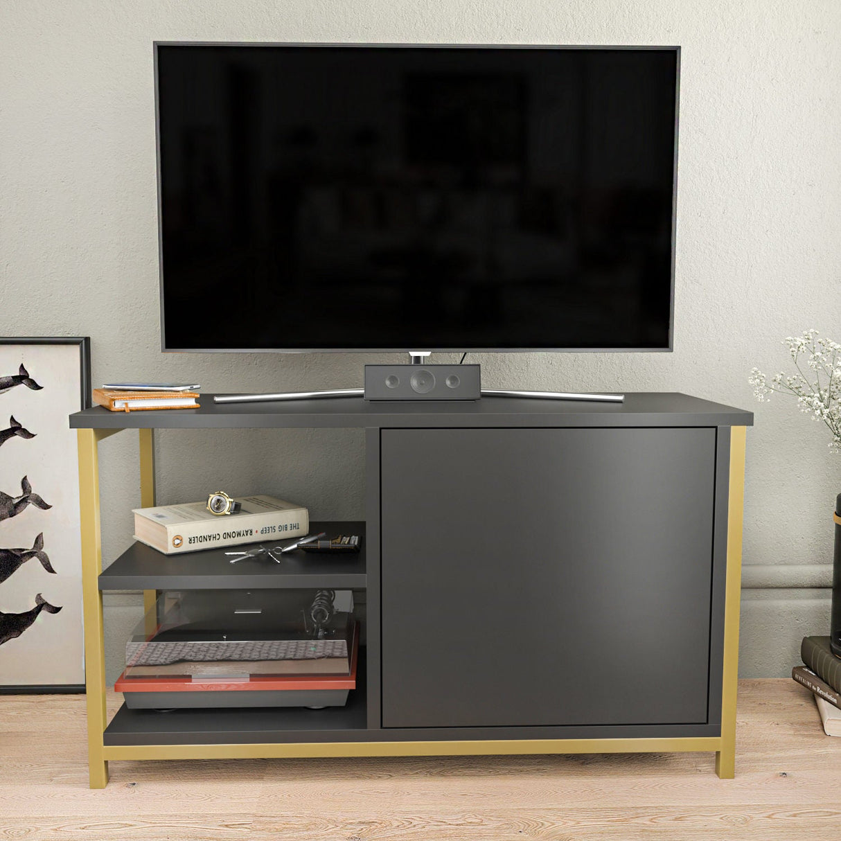 Comodă TV Muskegon, Diverse culori, 90x35x51 cm - Auriu - Antracit | SKU: 322RTC2309 | Comodă TV Muskegon, 90x35x51 cm, varianta Auriu - Antracit, produs pentru amenajarea locuinței, disponibil online în România la CasaMob