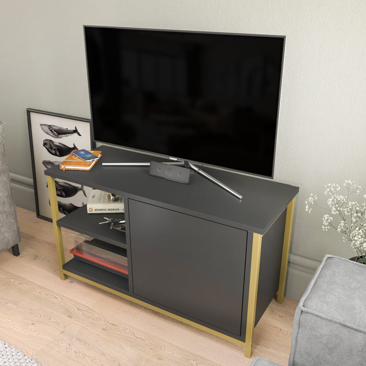 Comodă TV Muskegon, Diverse culori, 90x35x51 cm - Auriu - Antracit | SKU: 322RTC2309 | Comodă TV Muskegon, 90x35x51 cm, varianta Auriu - Antracit, produs pentru amenajarea locuinței, disponibil online în România la CasaMob