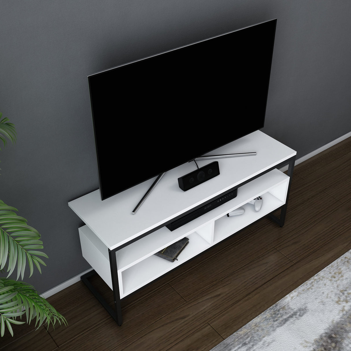 Comodă TV Merrion, Diverse culori, 110x35x50 cm - Negru - Alb | SKU: 322RTC2323 | Comodă TV Merrion, 110x35x50 cm, varianta Negru - Alb, produs pentru amenajarea locuinței, disponibil online în România la CasaMob
