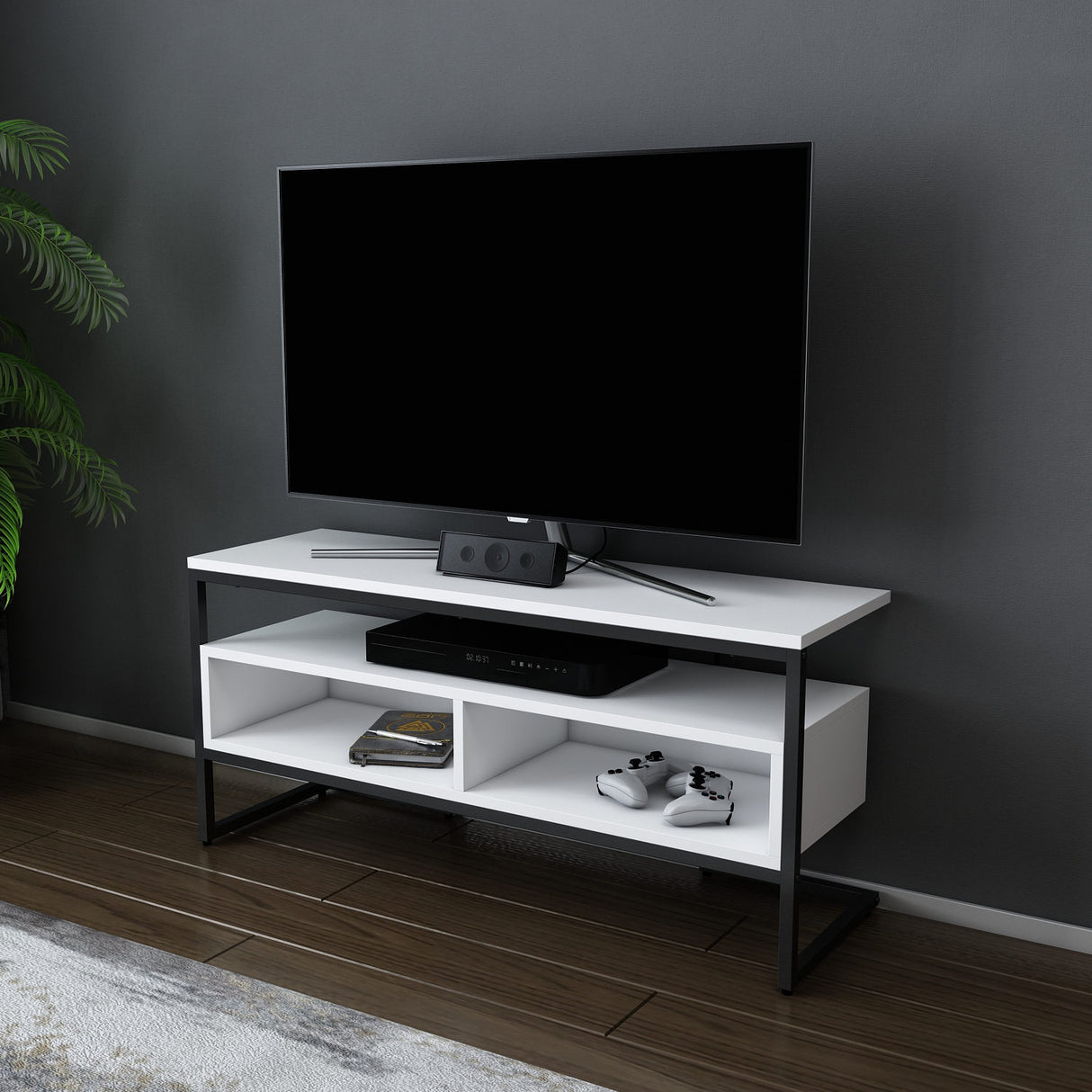 Comodă TV Merrion, Diverse culori, 110x35x50 cm - Negru - Alb | SKU: 322RTC2323 | Comodă TV Merrion, 110x35x50 cm, varianta Negru - Alb, produs pentru amenajarea locuinței, disponibil online în România la CasaMob