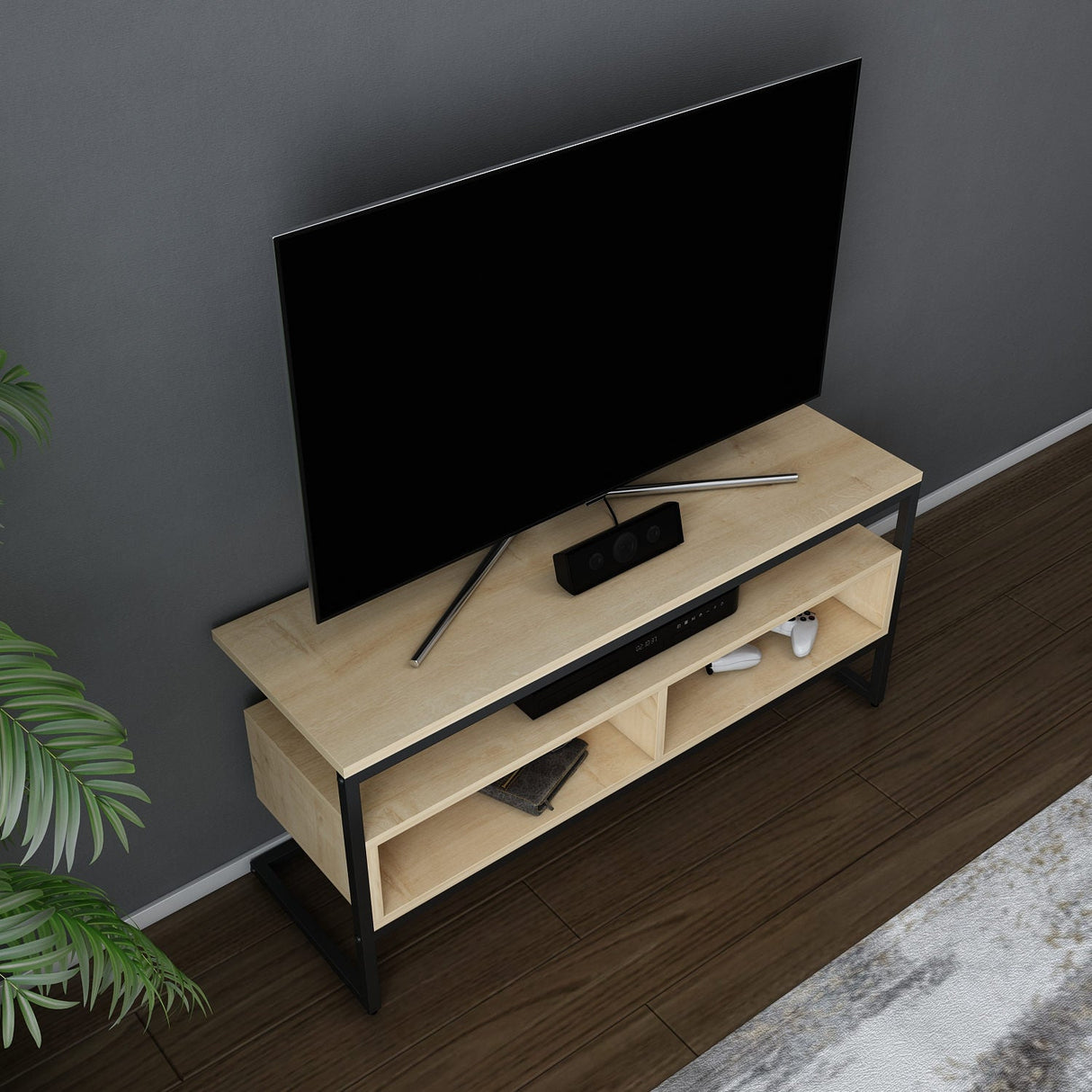 Comodă TV Merrion, Diverse culori, 110x35x50 cm - Negru - Stejar | SKU: 322RTC2324 | Comodă TV Merrion, 110x35x50 cm, varianta Negru - Stejar, produs pentru amenajarea locuinței, disponibil online în România la CasaMob