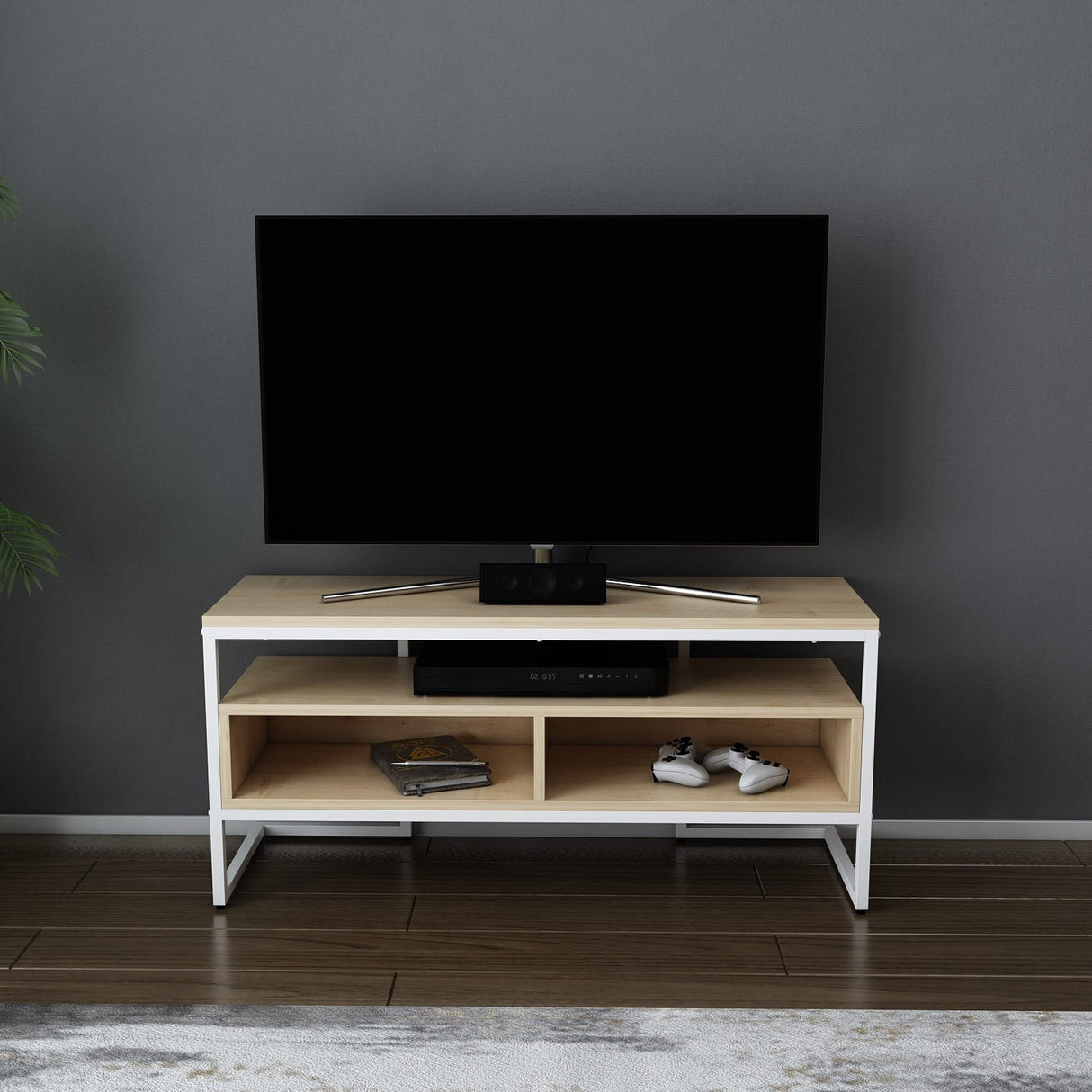 Comodă TV Merrion, Diverse culori, 110x35x50 cm - Alb - Stejar | SKU: 322RTC2328 | Comodă TV Merrion, 110x35x50 cm, varianta Alb - Stejar, produs pentru amenajarea locuinței, disponibil online în România la CasaMob