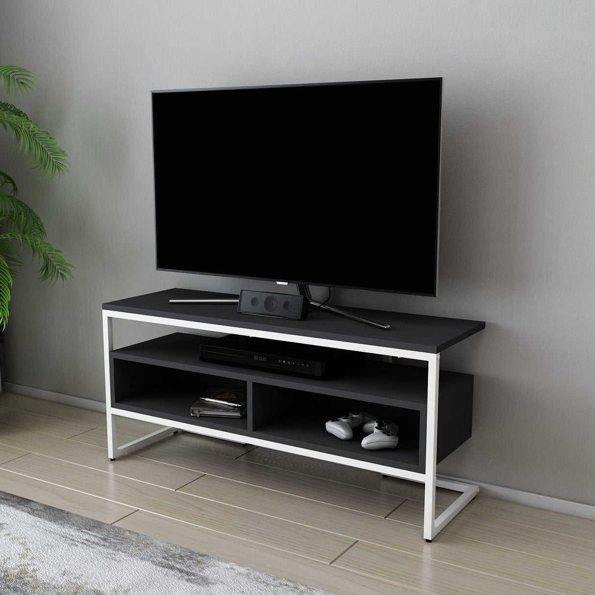 Comodă TV Merrion, Diverse culori, 110x35x50 cm - Alb - Antracit | SKU: 322RTC2329 | Comodă TV Merrion, 110x35x50 cm, varianta Alb - Antracit, produs pentru amenajarea locuinței, disponibil online în România la CasaMob