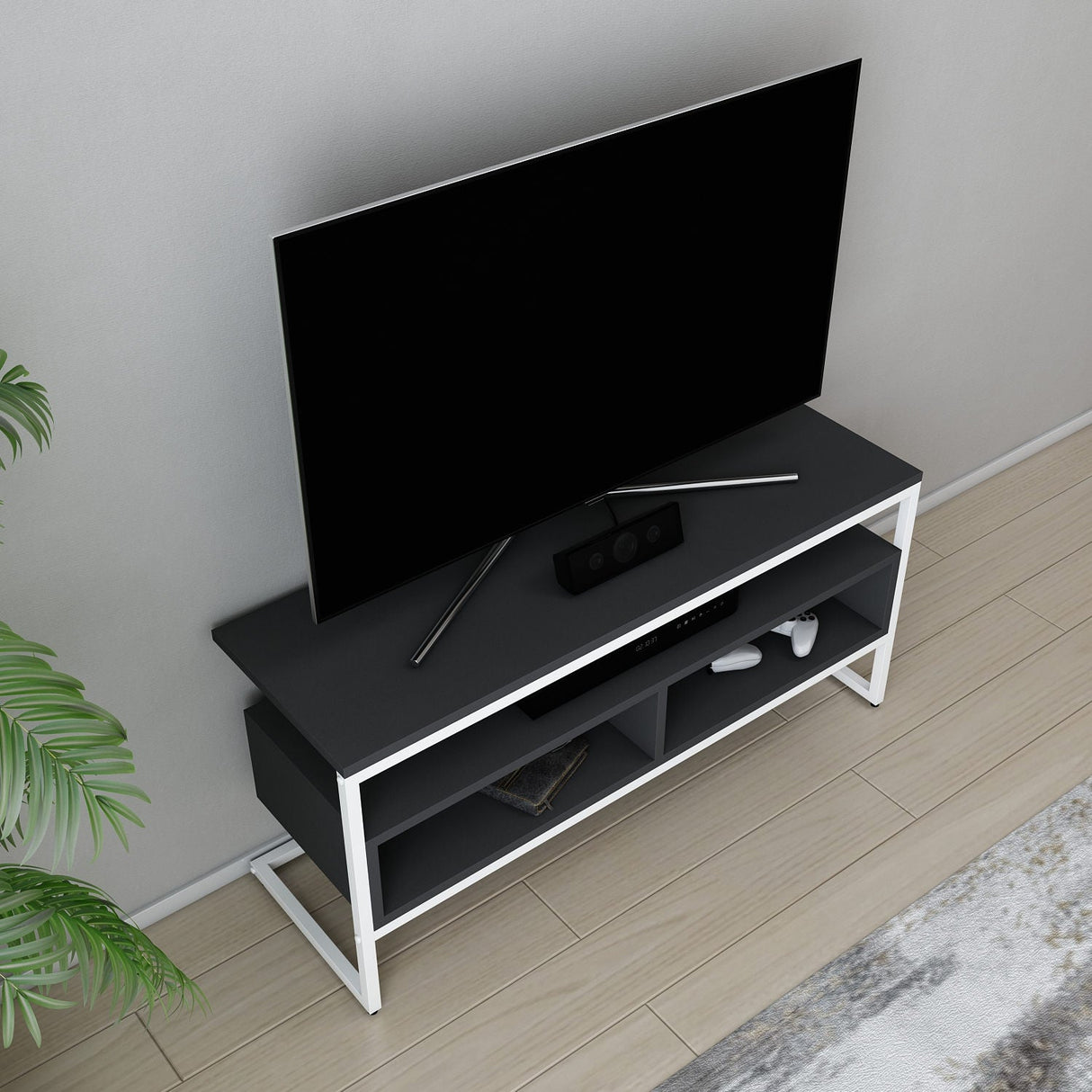 Comodă TV Merrion, Diverse culori, 110x35x50 cm - Alb - Antracit | SKU: 322RTC2329 | Comodă TV Merrion, 110x35x50 cm, varianta Alb - Antracit, produs pentru amenajarea locuinței, disponibil online în România la CasaMob