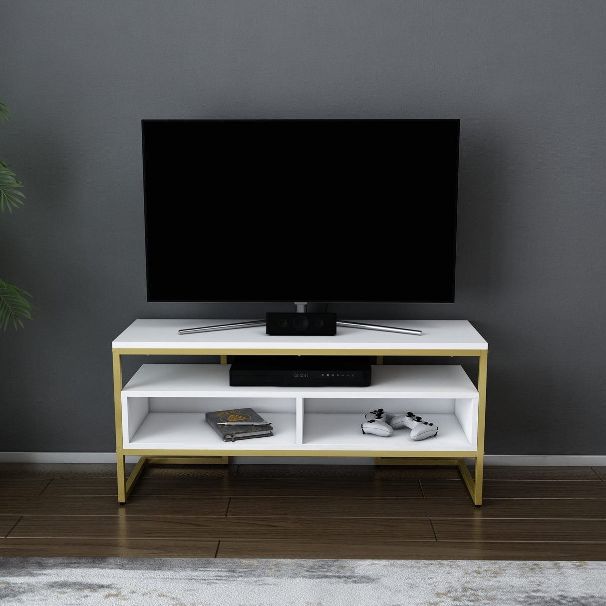 Comodă TV Merrion, Diverse culori, 110x35x50 cm - Auriu - Alb | SKU: 322RTC2331 | Comodă TV Merrion, 110x35x50 cm, varianta Auriu - Alb, produs pentru amenajarea locuinței, disponibil online în România la CasaMob