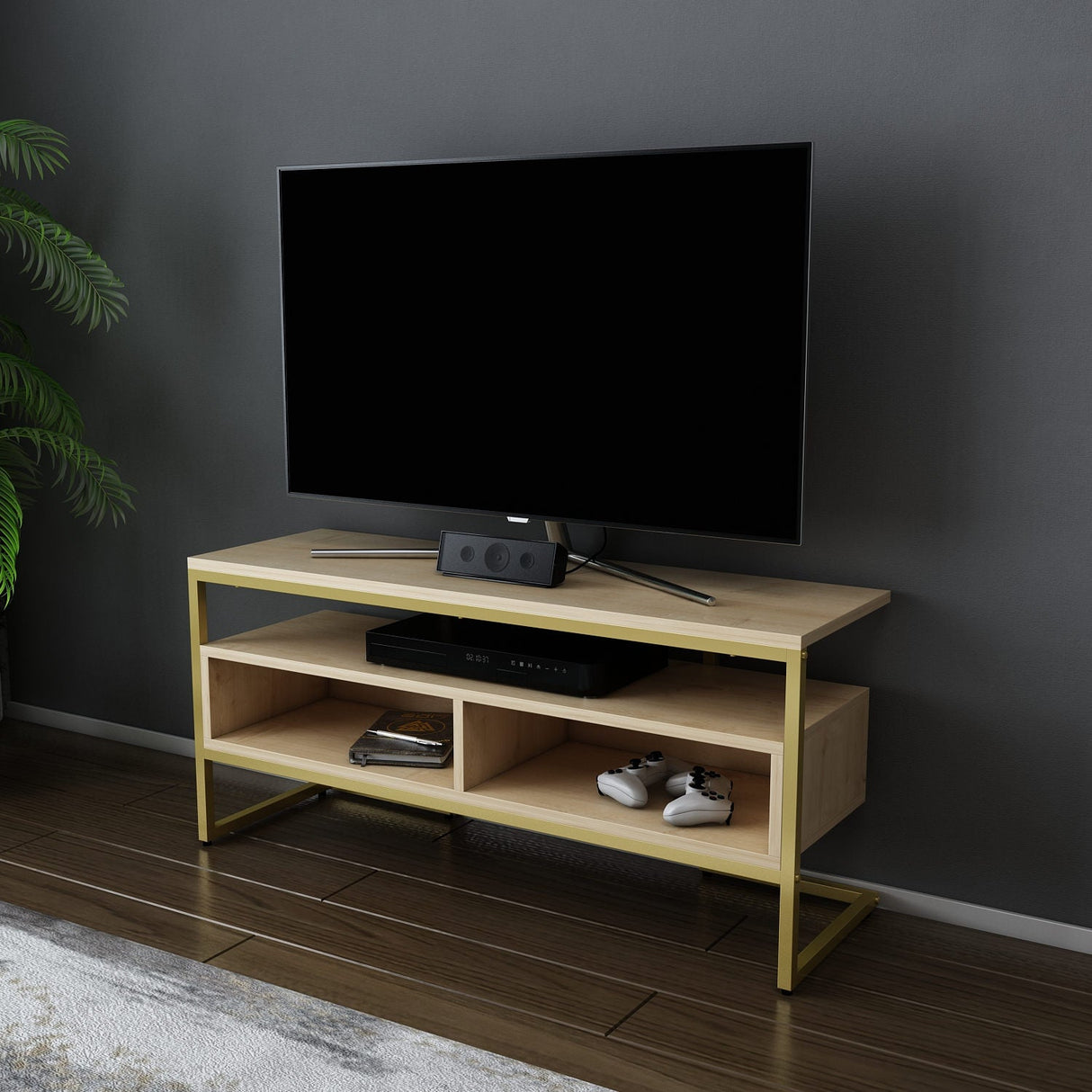 Comodă TV Merrion, Diverse culori, 110x35x50 cm - Auriu - Stejar | SKU: 322RTC2332 | Comodă TV Merrion, 110x35x50 cm, varianta Auriu - Stejar, produs pentru amenajarea locuinței, disponibil online în România la CasaMob