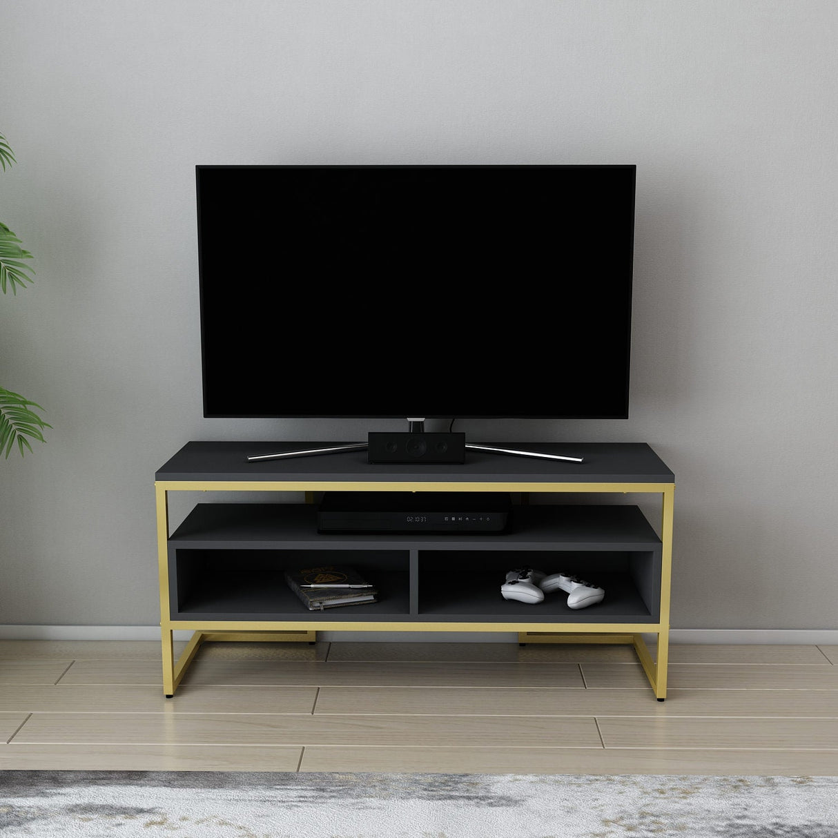 Comodă TV Merrion, Diverse culori, 110x35x50 cm - Auriu - Antracit | SKU: 322RTC2333 | Comodă TV Merrion, 110x35x50 cm, varianta Auriu - Antracit, produs pentru amenajarea locuinței, disponibil online în România la CasaMob