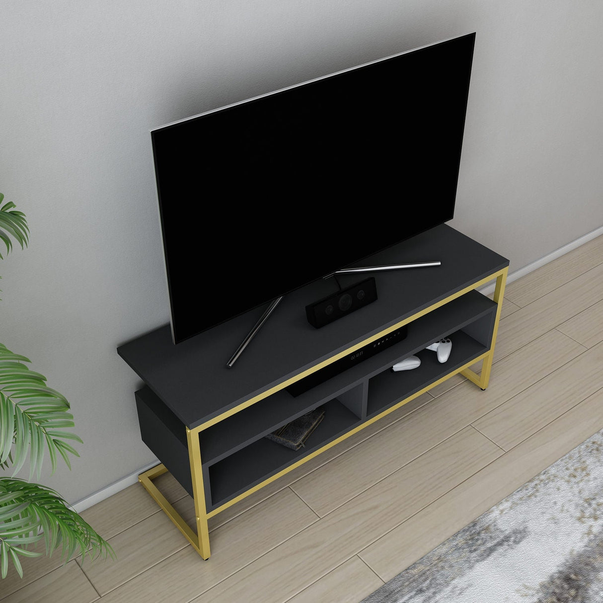 Comodă TV Merrion, Diverse culori, 110x35x50 cm - Auriu - Antracit | SKU: 322RTC2333 | Comodă TV Merrion, 110x35x50 cm, varianta Auriu - Antracit, produs pentru amenajarea locuinței, disponibil online în România la CasaMob