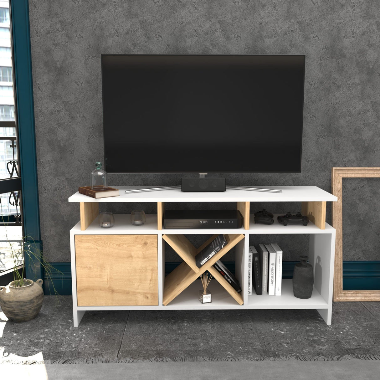Comodă TV Auburn, Diverse culori, 120x30x61 cm - Alb - Stejar | SKU: 322RTC2365 | Comodă TV Auburn, 120x30x61 cm, varianta Alb - Stejar, produs pentru amenajarea locuinței, disponibil online în România la CasaMob