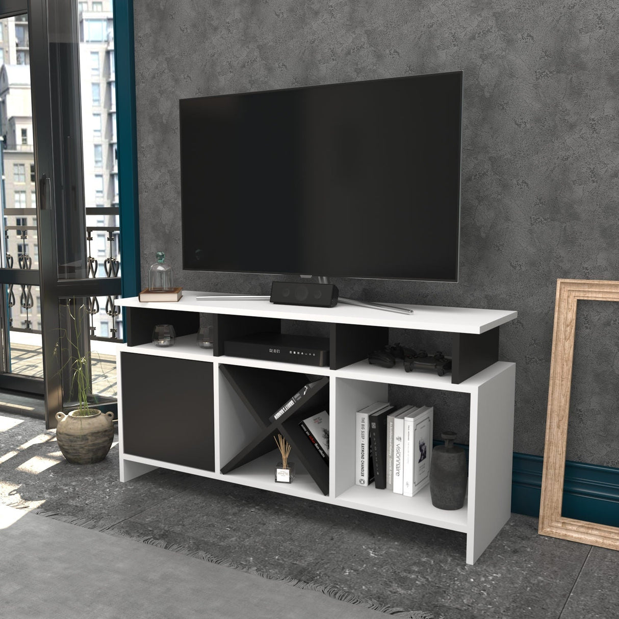 Comodă TV Auburn, Diverse culori, 120x30x61 cm - Alb - Antracit | SKU: 322RTC2366 | Comodă TV Auburn, 120x30x61 cm, varianta Alb - Antracit, produs pentru amenajarea locuinței, disponibil online în România la CasaMob