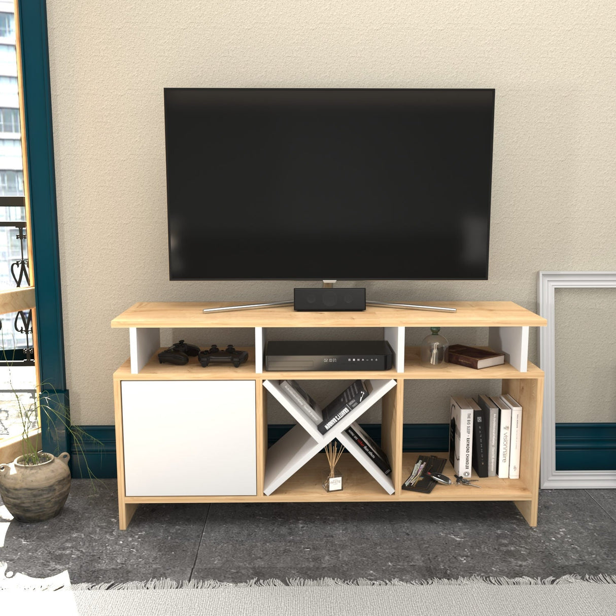 Comodă TV Auburn, Diverse culori, 120x30x61 cm - Stejar - Alb | SKU: 322RTC2369 | Comodă TV Auburn, 120x30x61 cm, varianta Stejar - Alb, produs pentru amenajarea locuinței, disponibil online în România la CasaMob