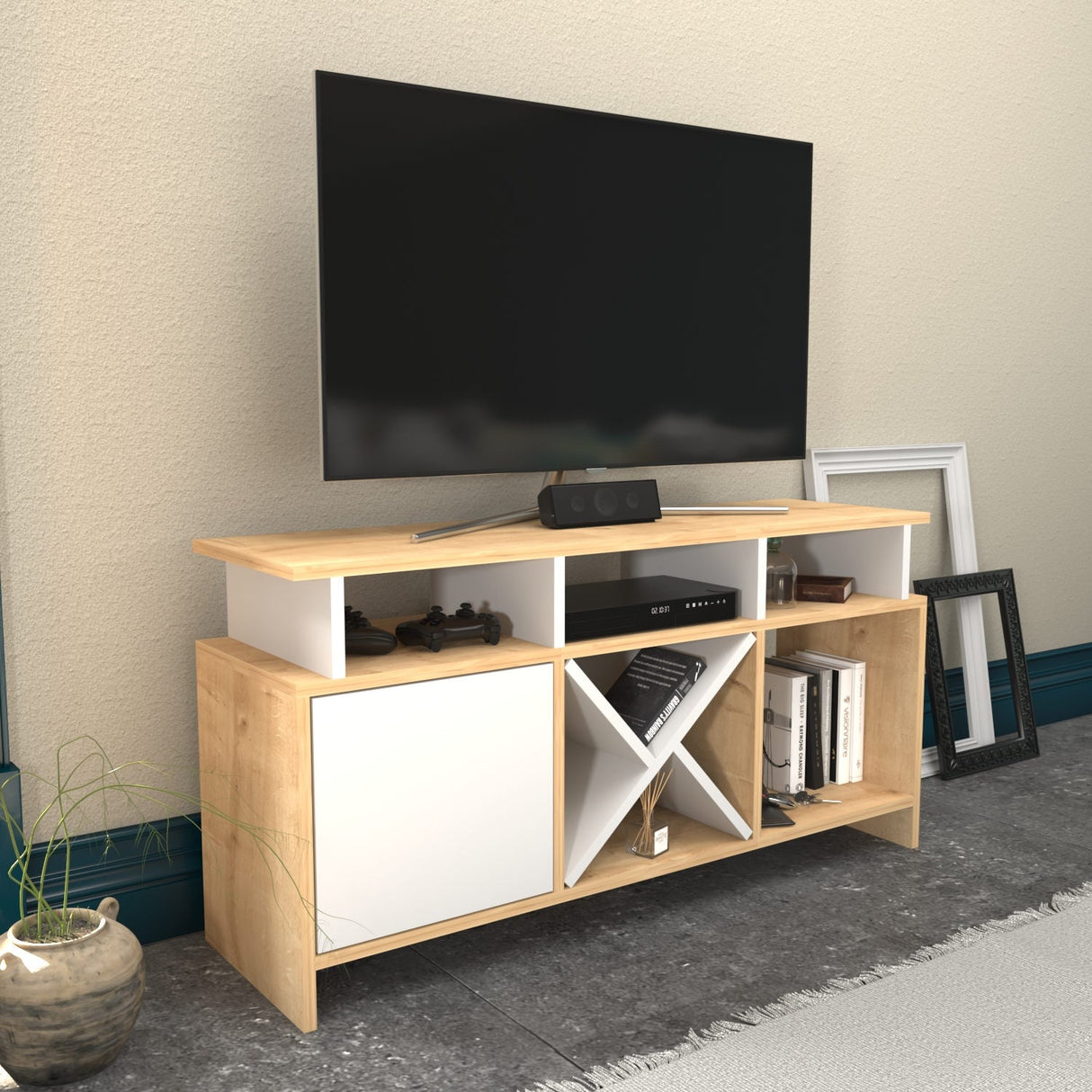 Comodă TV Auburn, Diverse culori, 120x30x61 cm - Stejar - Alb | SKU: 322RTC2369 | Comodă TV Auburn, 120x30x61 cm, varianta Stejar - Alb, produs pentru amenajarea locuinței, disponibil online în România la CasaMob