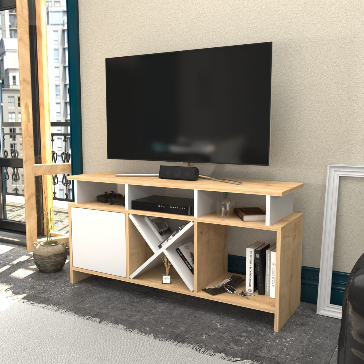 Comodă TV Auburn, Diverse culori, 120x30x61 cm - Stejar - Alb | SKU: 322RTC2369 | Comodă TV Auburn, 120x30x61 cm, varianta Stejar - Alb, produs pentru amenajarea locuinței, disponibil online în România la CasaMob
