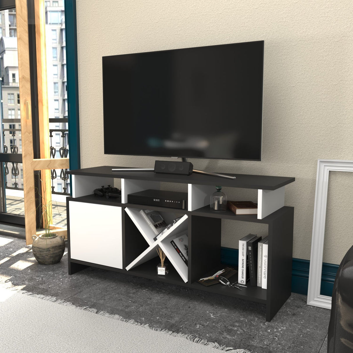 Comodă TV Auburn, Diverse culori, 120x30x61 cm - Antracit - Alb | SKU: 322RTC2373 | Comodă TV Auburn, 120x30x61 cm, varianta Antracit - Alb, produs pentru amenajarea locuinței, disponibil online în România la CasaMob