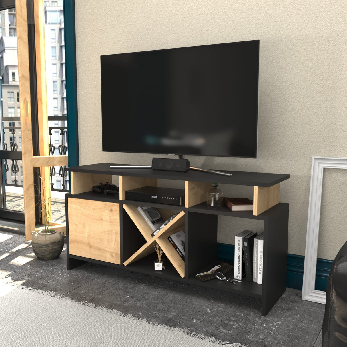 Comodă TV Auburn, Diverse culori, 120x30x61 cm - Antracit - Stejar | SKU: 322RTC2374 | Comodă TV Auburn, 120x30x61 cm, varianta Antracit - Stejar, produs pentru amenajarea locuinței, disponibil online în România la CasaMob