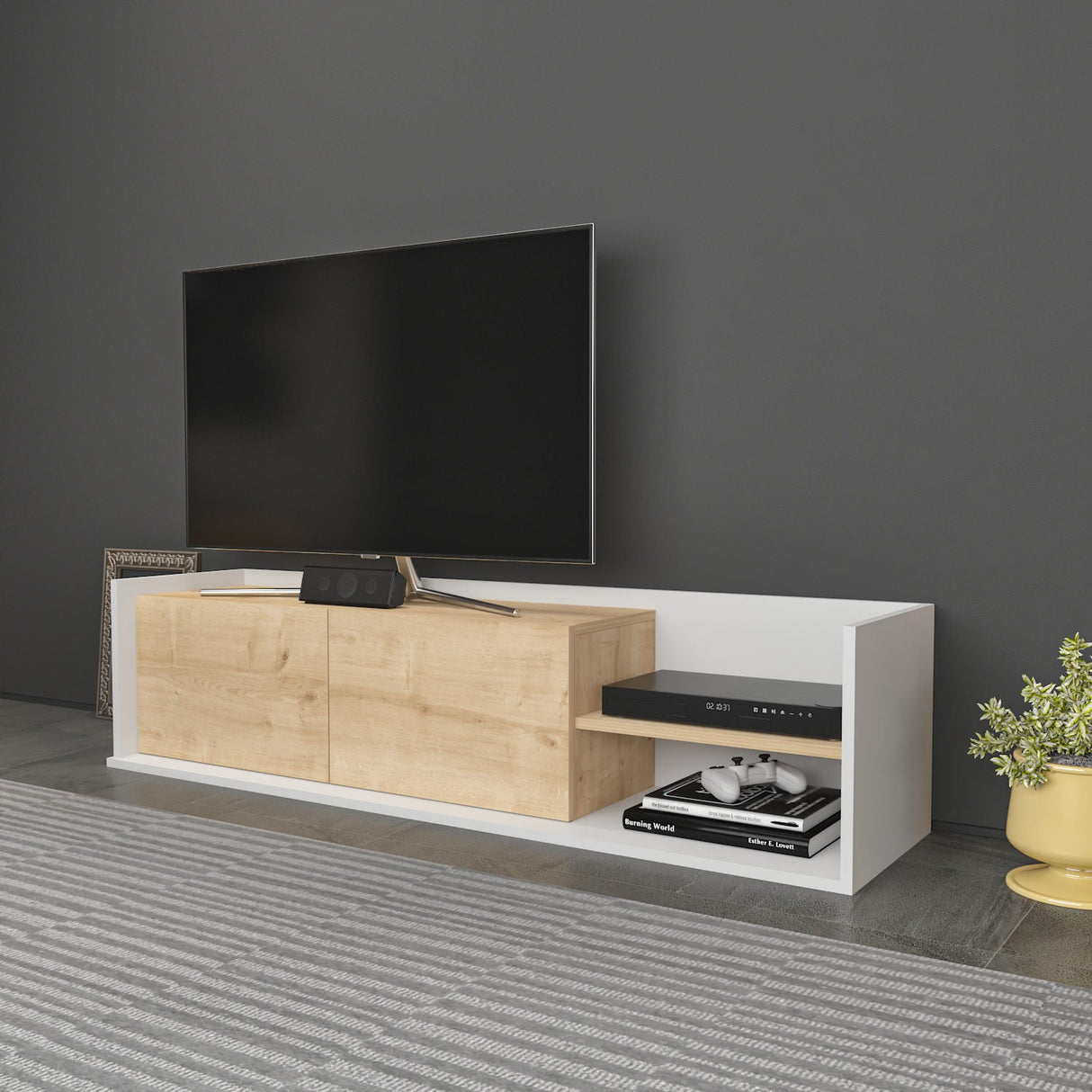 Comodă TV Krog, Diverse culori, 160x35x37 cm - Alb - Stejar | SKU: 322RTC2388 | Comodă TV Krog, 160x35x37 cm, varianta Alb - Stejar, produs pentru amenajarea locuinței, disponibil online în România la CasaMob