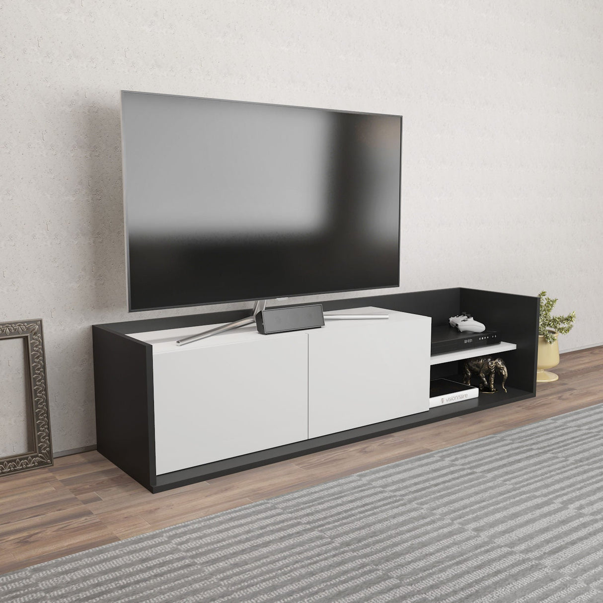 Comodă TV Krog, Diverse culori, 160x35x37 cm - Antracit - Alb | SKU: 322RTC2396 | Comodă TV Krog, 160x35x37 cm, varianta Antracit - Alb, produs pentru amenajarea locuinței, disponibil online în România la CasaMob