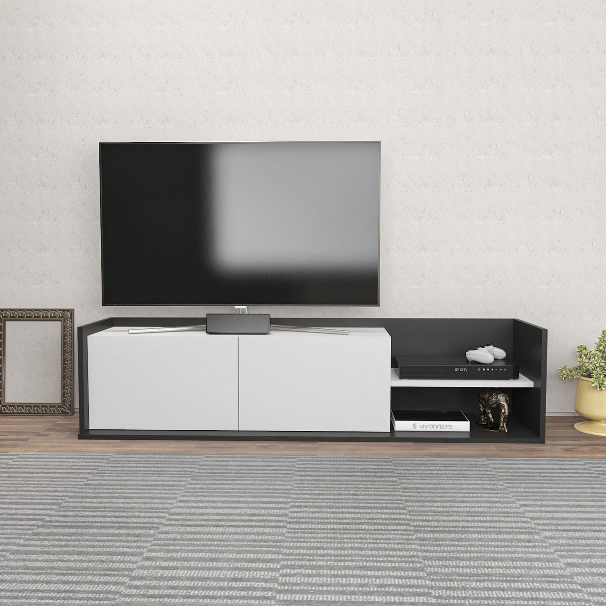 Comodă TV Krog, Diverse culori, 160x35x37 cm - Antracit - Alb | SKU: 322RTC2396 | Comodă TV Krog, 160x35x37 cm, varianta Antracit - Alb, produs pentru amenajarea locuinței, disponibil online în România la CasaMob