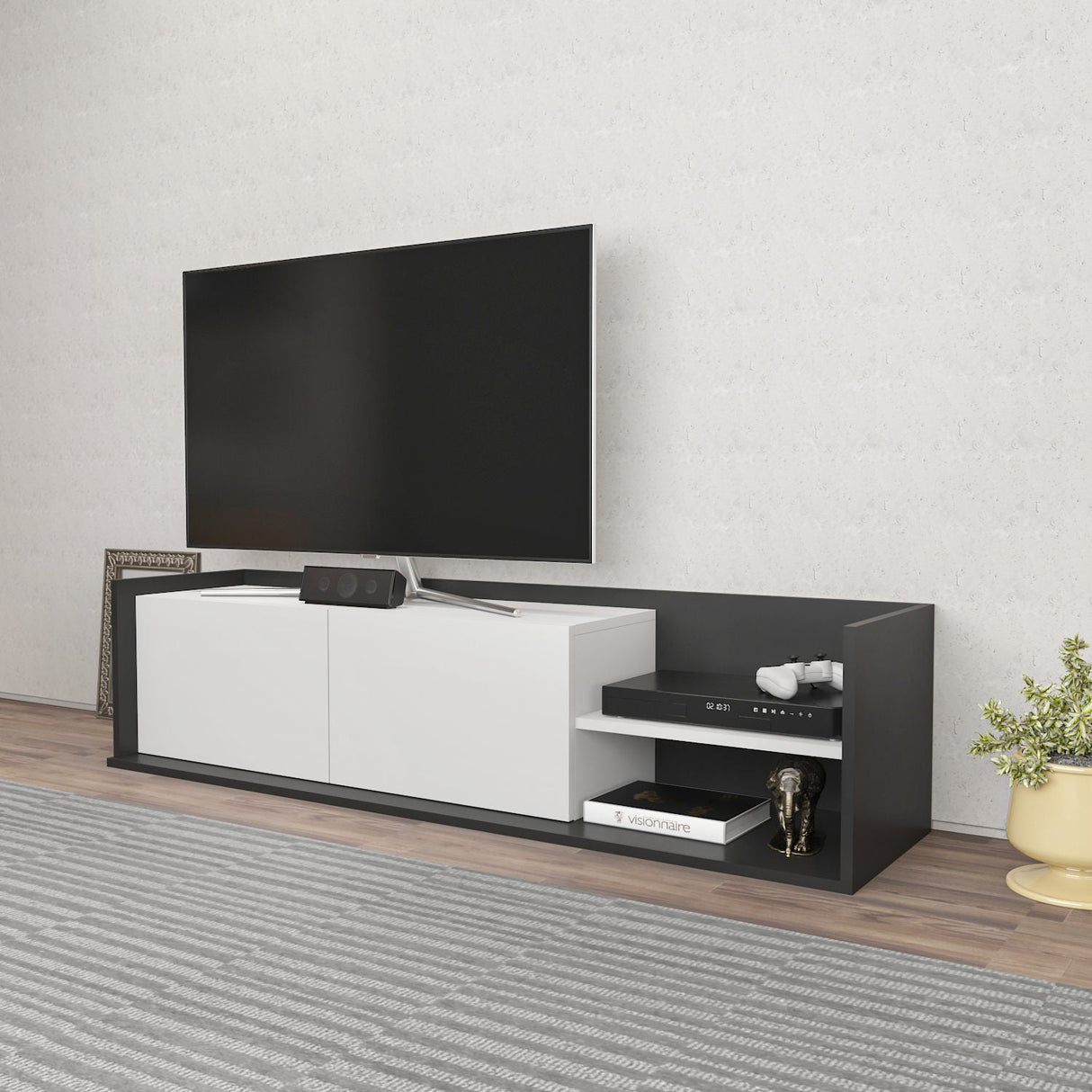 Comodă TV Krog, Diverse culori, 160x35x37 cm - Antracit - Alb | SKU: 322RTC2396 | Comodă TV Krog, 160x35x37 cm, varianta Antracit - Alb, produs pentru amenajarea locuinței, disponibil online în România la CasaMob
