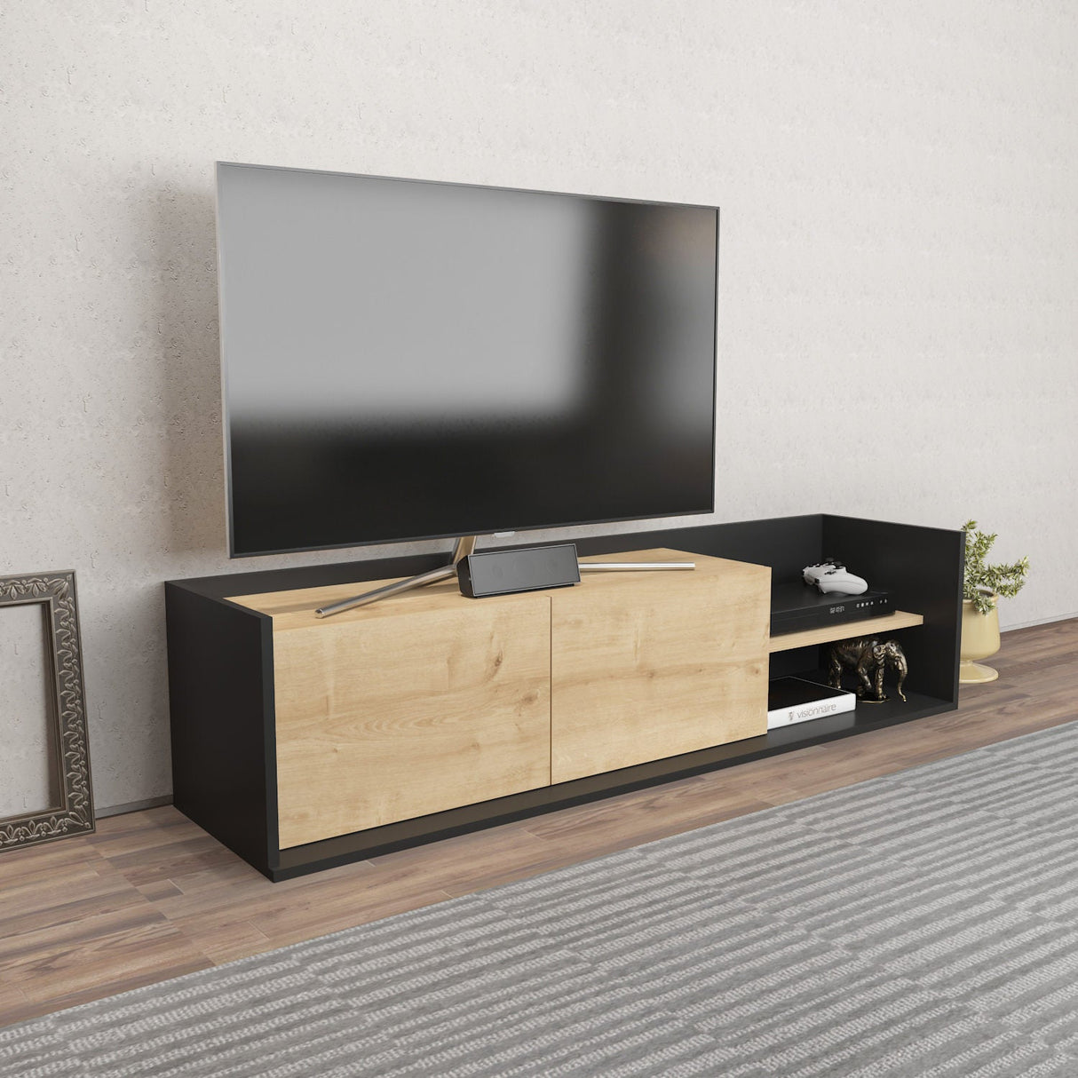 Comodă TV Krog, Diverse culori, 160x35x37 cm - Antracit - Stejar | SKU: 322RTC2397 | Comodă TV Krog, 160x35x37 cm, varianta Antracit - Stejar, produs pentru amenajarea locuinței, disponibil online în România la CasaMob