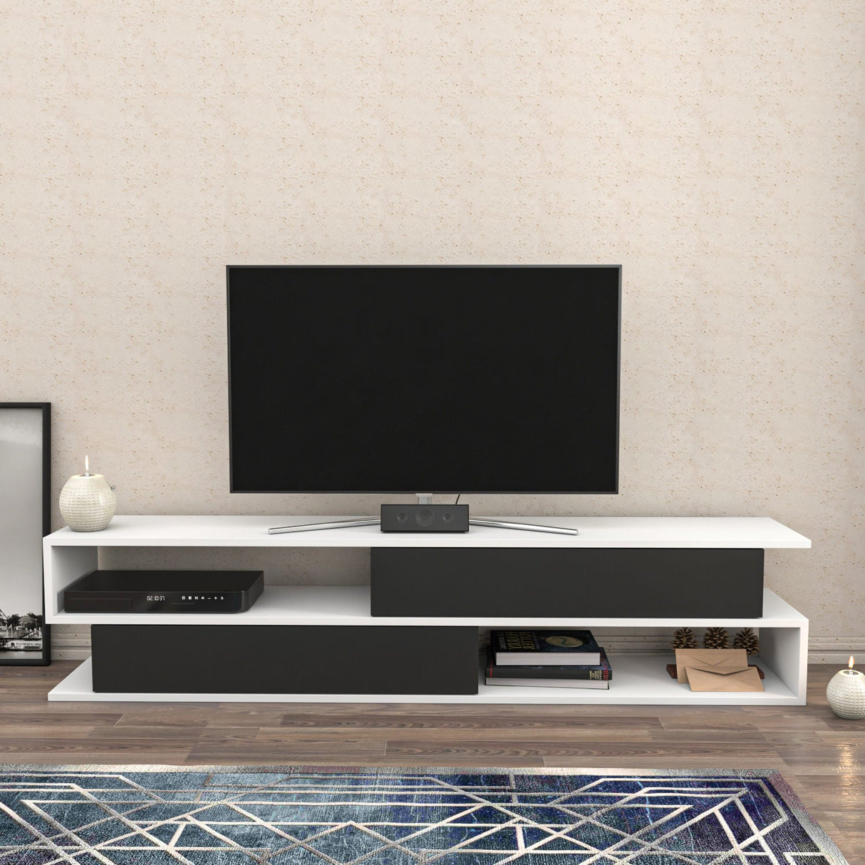 Comodă TV Cortez, Diverse culori, 160x35x39 cm - Alb - Antracit | SKU: 322RTC2406 | Comodă TV Cortez, 160x35x39 cm, varianta Alb - Antracit, produs pentru amenajarea locuinței, disponibil online în România la CasaMob