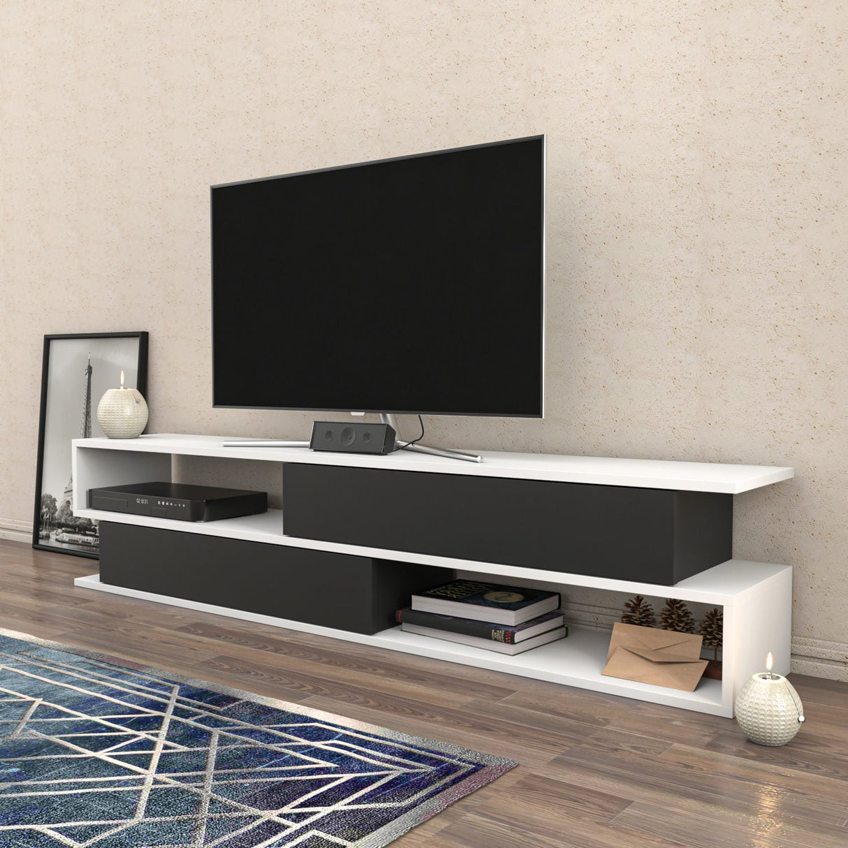 Comodă TV Cortez, Diverse culori, 160x35x39 cm - Alb - Antracit | SKU: 322RTC2406 | Comodă TV Cortez, 160x35x39 cm, varianta Alb - Antracit, produs pentru amenajarea locuinței, disponibil online în România la CasaMob