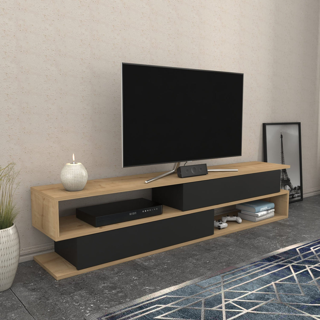 Comodă TV Cortez, Diverse culori, 160x35x39 cm - Stejar - Antracit | SKU: 322RTC2410 | Comodă TV Cortez, 160x35x39 cm, varianta Stejar - Antracit, produs pentru amenajarea locuinței, disponibil online în România la CasaMob