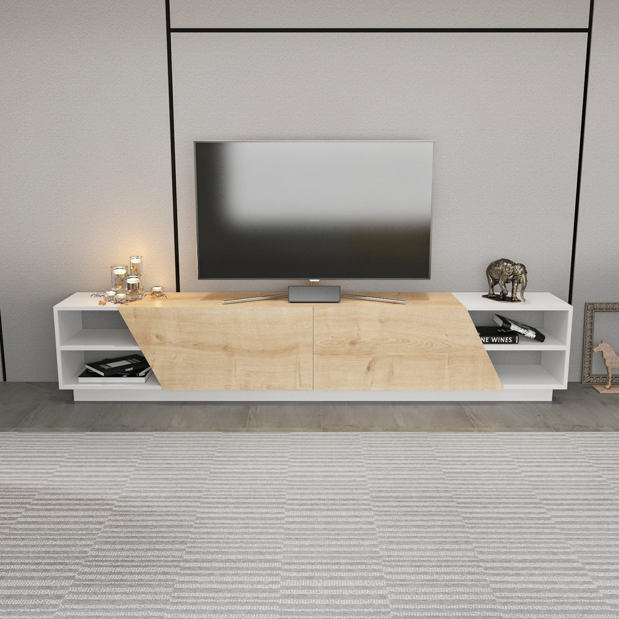 Comodă TV Rhodes, Diverse culori, 240x37x47 cm - Alb - Stejar | SKU: 322RTC2436 | Comodă TV Rhodes, 240x37x47 cm, varianta Alb - Stejar, produs pentru amenajarea locuinței, disponibil online în România la CasaMob