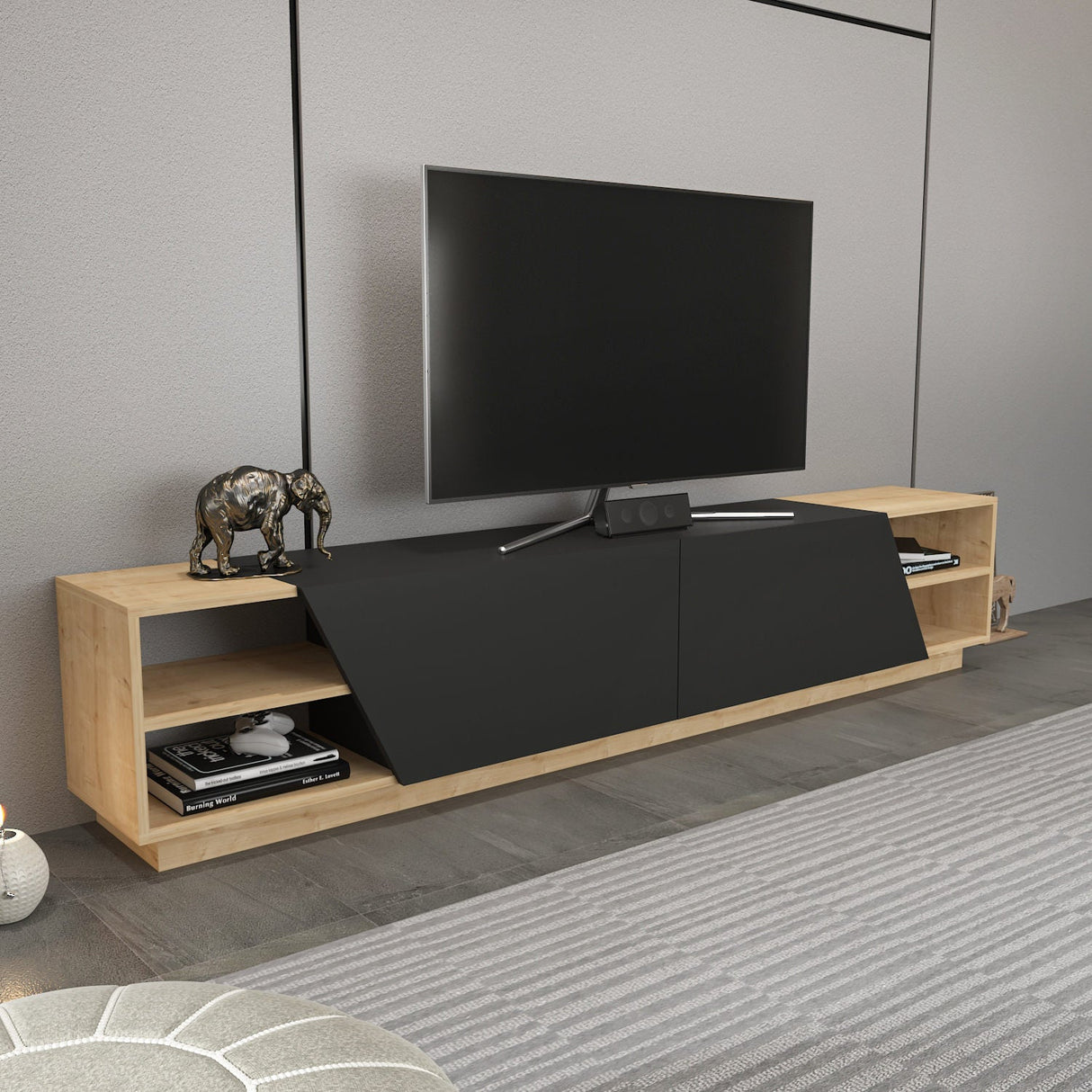 Comodă TV Rhodes, Diverse culori, 240x37x47 cm - Stejar - Antracit | SKU: 322RTC2440 | Comodă TV Rhodes, 240x37x47 cm, varianta Stejar - Antracit, produs pentru amenajarea locuinței, disponibil online în România la CasaMob