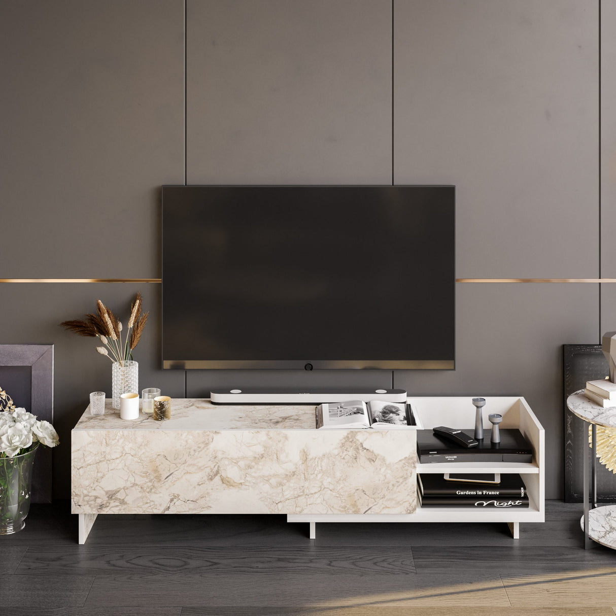 Comodă TV Parion, Diverse culori, 165x35x41 cm - Alb | SKU: 322RTC2452 | Comodă TV Parion, 165x35x41 cm, varianta Alb, produs pentru amenajarea locuinței, disponibil online în România la CasaMob