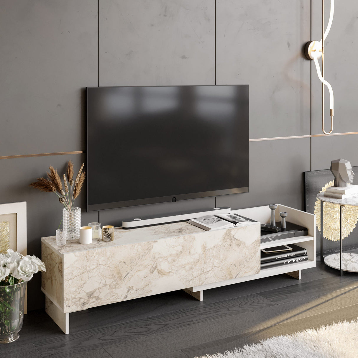 Comodă TV Parion, Diverse culori, 165x35x41 cm - Alb | SKU: 322RTC2452 | Comodă TV Parion, 165x35x41 cm, varianta Alb, produs pentru amenajarea locuinței, disponibil online în România la CasaMob