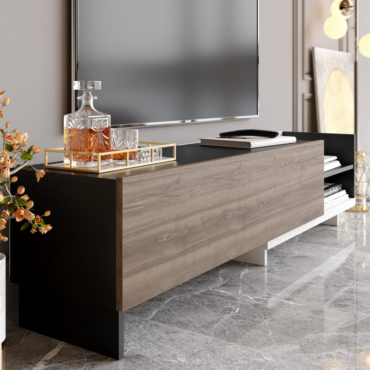 Comodă TV Parion, Diverse culori, 165x35x41 cm - Alb - Negru - Nuc | SKU: 322RTC2454 | Comodă TV Parion, 165x35x41 cm, varianta Alb - Negru - Nuc, produs pentru amenajarea locuinței, disponibil online în România la CasaMob