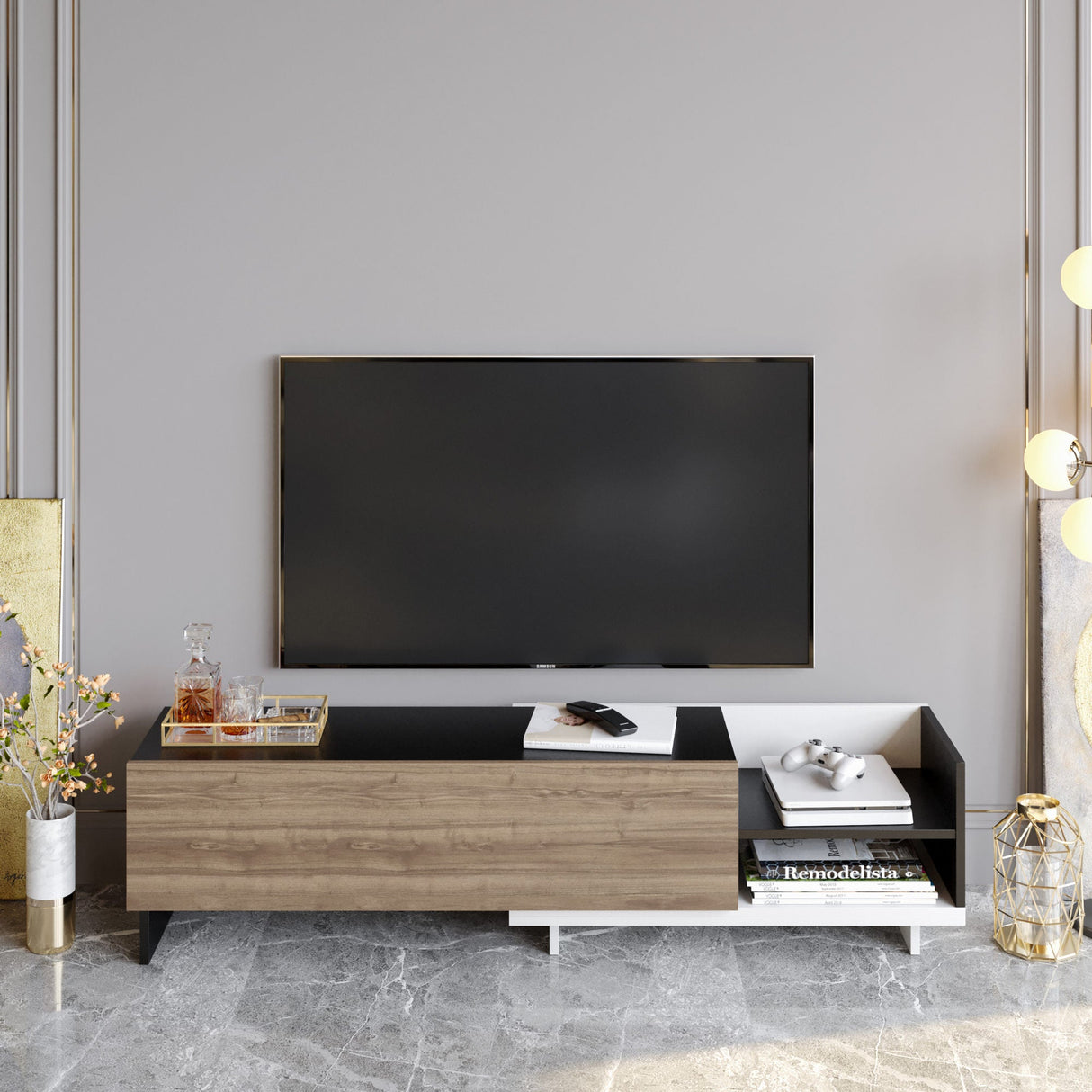 Comodă TV Parion, Diverse culori, 165x35x41 cm - Alb - Negru - Nuc | SKU: 322RTC2454 | Comodă TV Parion, 165x35x41 cm, varianta Alb - Negru - Nuc, produs pentru amenajarea locuinței, disponibil online în România la CasaMob