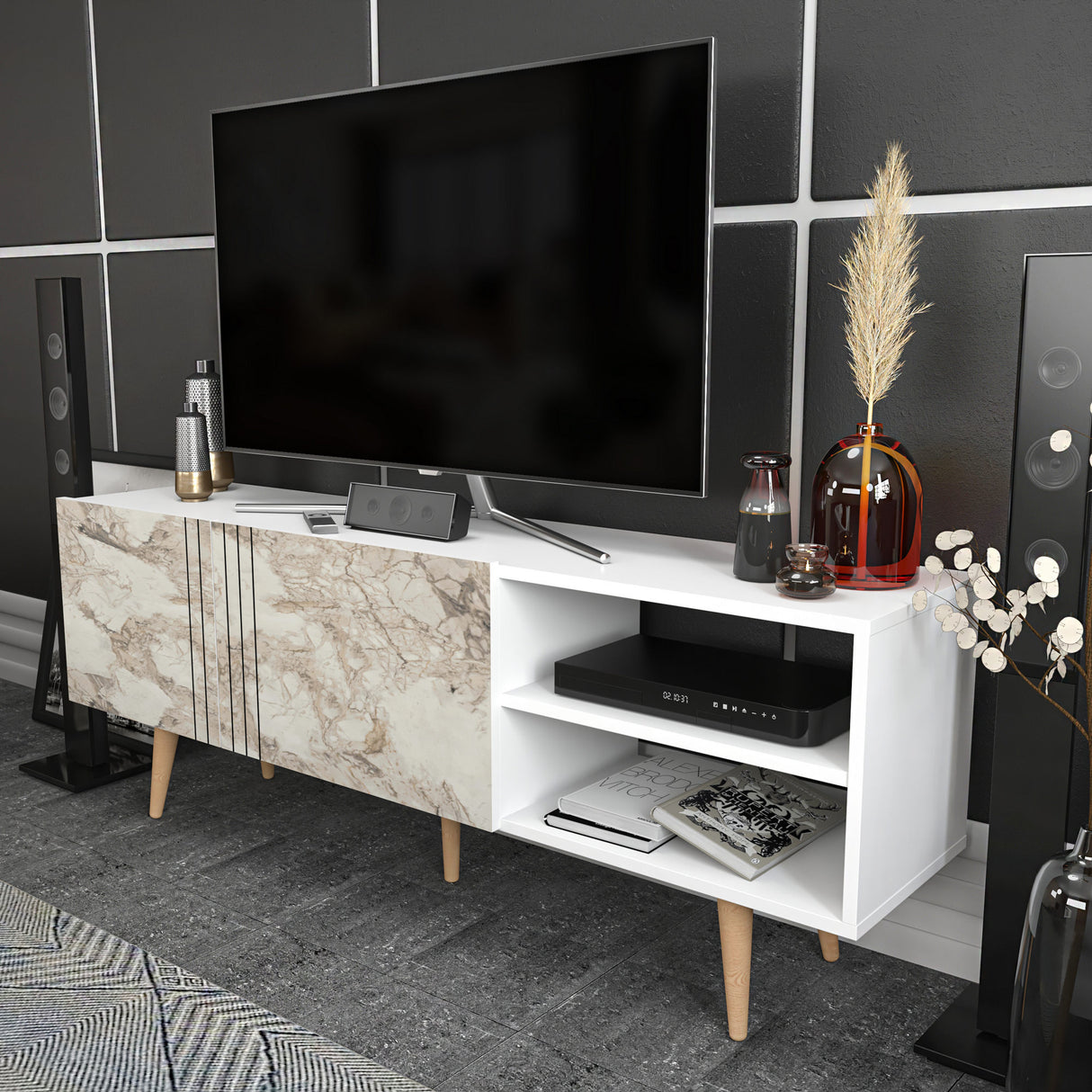 Comodă TV Ronas, Diverse culori, 160x35x39 cm - Alb | SKU: 322RTC2455 | Comodă TV Ronas, 160x35x39 cm, varianta Alb, produs pentru amenajarea locuinței, disponibil online în România la CasaMob