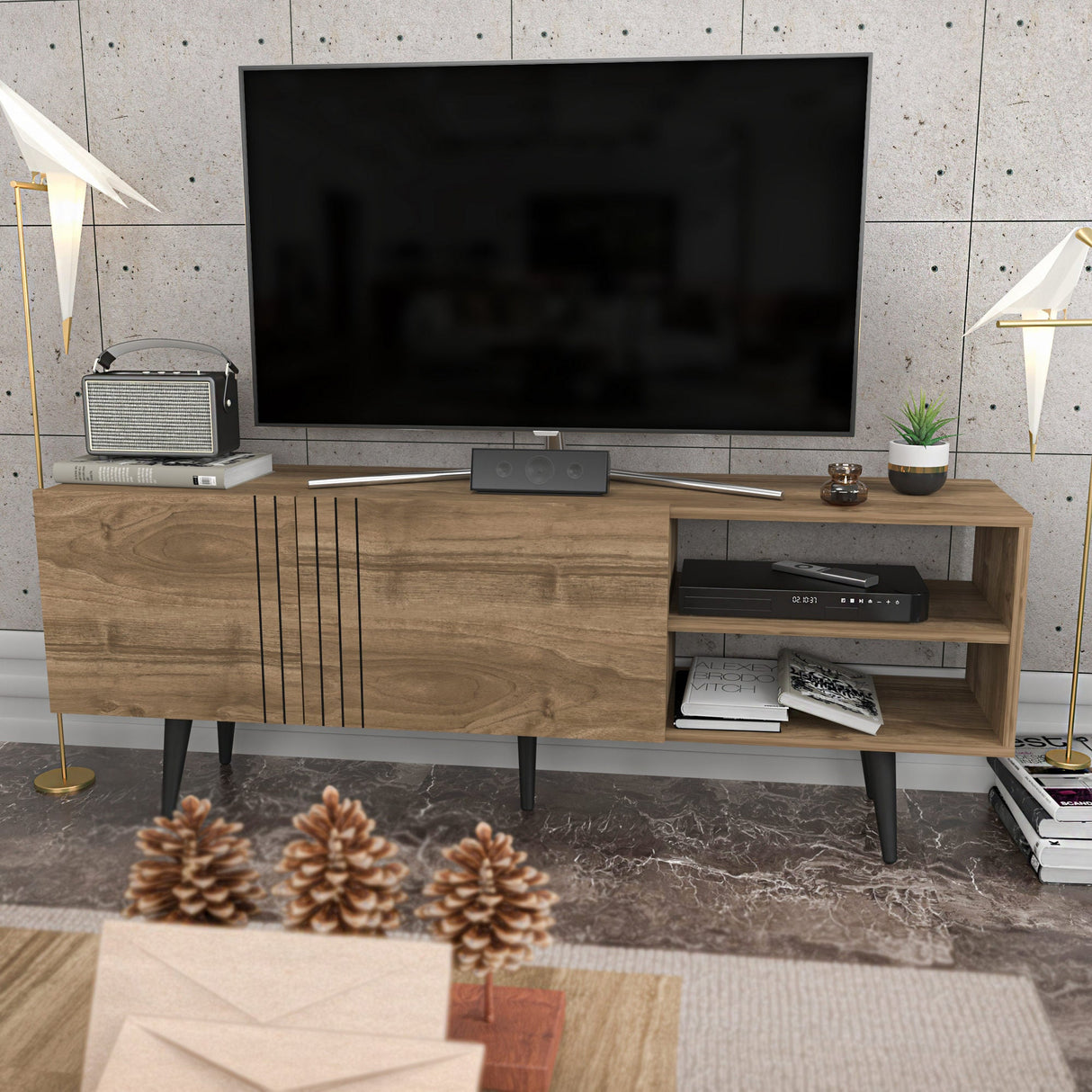 Comodă TV Ronas, Diverse culori, 160x35x39 cm - Nuc | SKU: 322RTC2456 | Comodă TV Ronas, 160x35x39 cm, varianta Nuc, produs pentru amenajarea locuinței, disponibil online în România la CasaMob