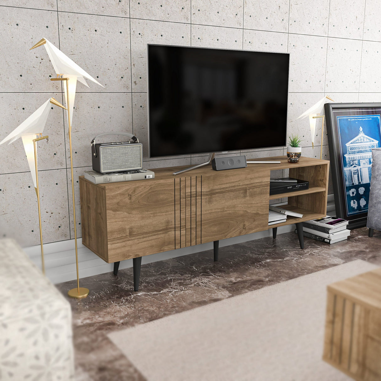 Comodă TV Ronas, Diverse culori, 160x35x39 cm - Nuc | SKU: 322RTC2456 | Comodă TV Ronas, 160x35x39 cm, varianta Nuc, produs pentru amenajarea locuinței, disponibil online în România la CasaMob