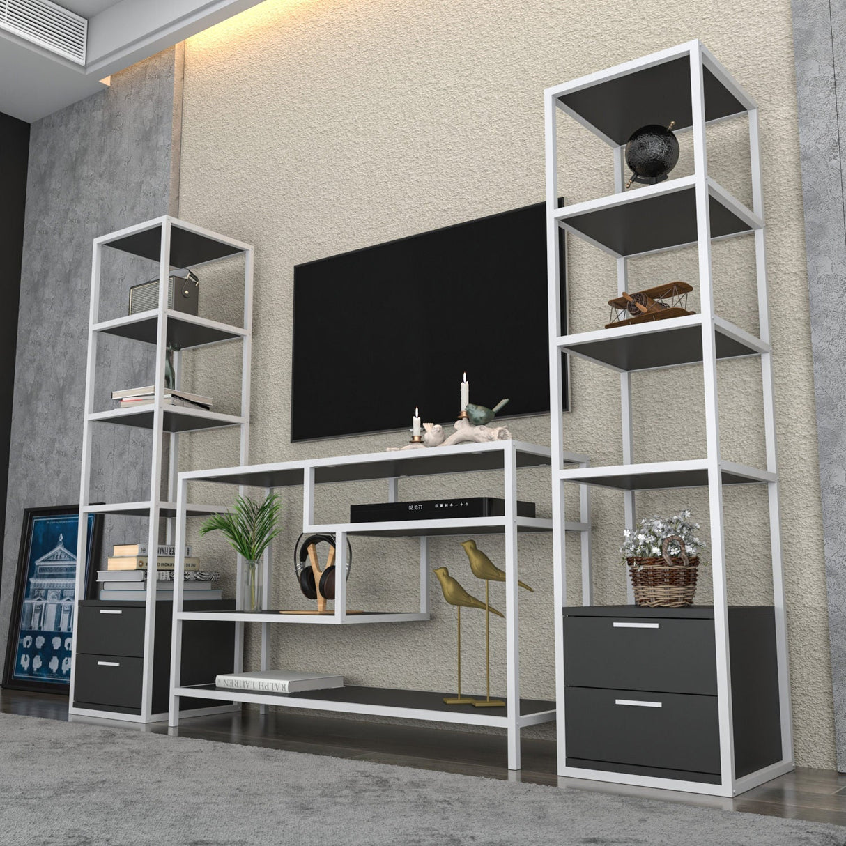 Comodă TV Robbins, Diverse culori, Diverse dimensiuni - Alb - Antracit - 198x39x160 cm | SKU: 322RTC2467 | Comodă TV Robbins, varianta Alb - Antracit - 198x39x160 cm, produs pentru amenajarea locuinței, disponibil online în România la CasaMob