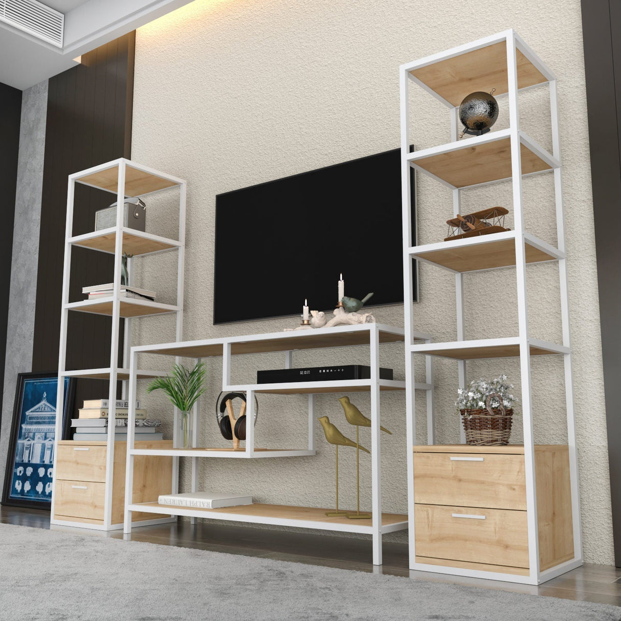 Comodă TV Robbins, Diverse culori, Diverse dimensiuni - Alb - Stejar - 198x39x160 cm | SKU: 322RTC2470 | Comodă TV Robbins, varianta Alb - Stejar - 198x39x160 cm, produs pentru amenajarea locuinței, disponibil online în România la CasaMob