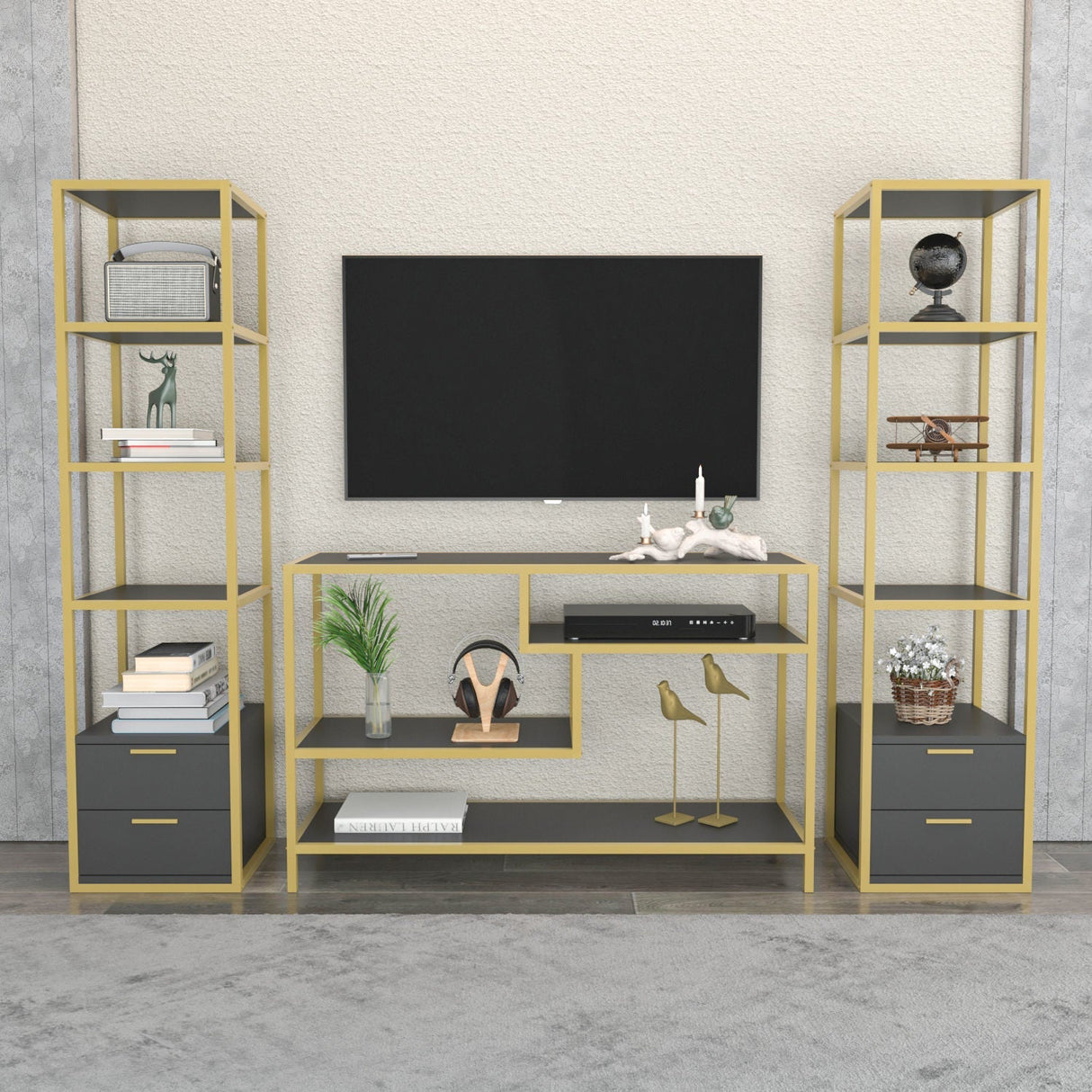 Comodă TV Robbins, Diverse culori, Diverse dimensiuni - Auriu - Antracit - 198x39x160 cm | SKU: 322RTC2471 | Comodă TV Robbins, varianta Auriu - Antracit - 198x39x160 cm, produs pentru amenajarea locuinței, disponibil online în România la CasaMob