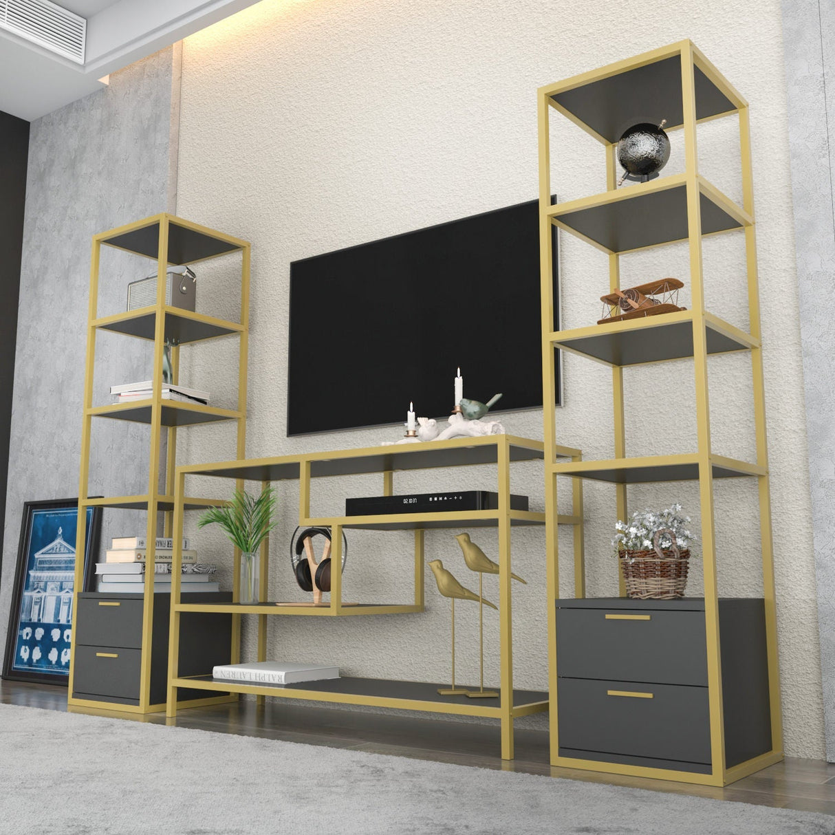 Comodă TV Robbins, Diverse culori, Diverse dimensiuni - Auriu - Antracit - 198x39x160 cm | SKU: 322RTC2471 | Comodă TV Robbins, varianta Auriu - Antracit - 198x39x160 cm, produs pentru amenajarea locuinței, disponibil online în România la CasaMob
