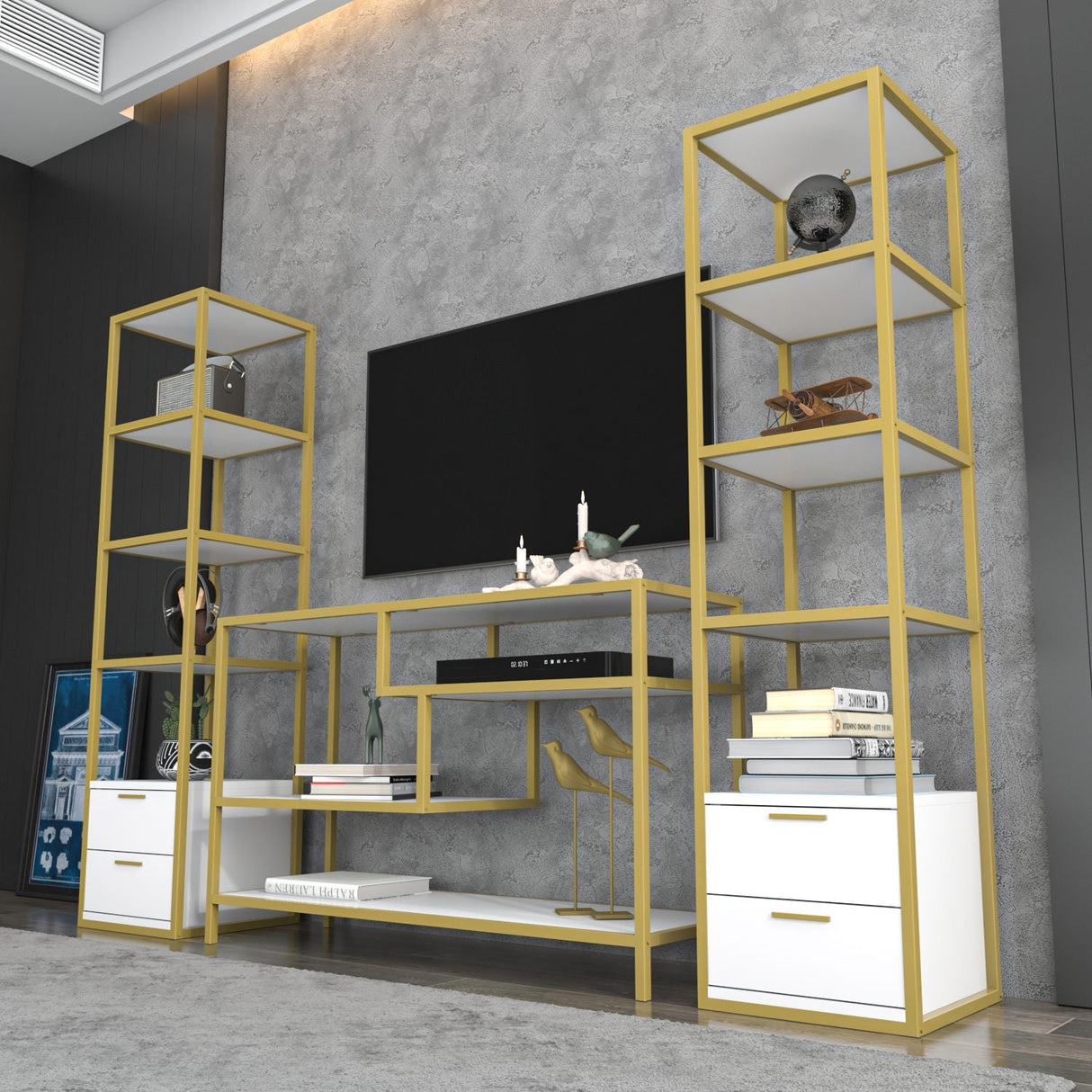 Comodă TV Robbins, Diverse culori, Diverse dimensiuni - Auriu - Alb - 198x39x160 cm | SKU: 322RTC2472 | Comodă TV Robbins, varianta Auriu - Alb - 198x39x160 cm, produs pentru amenajarea locuinței, disponibil online în România la CasaMob