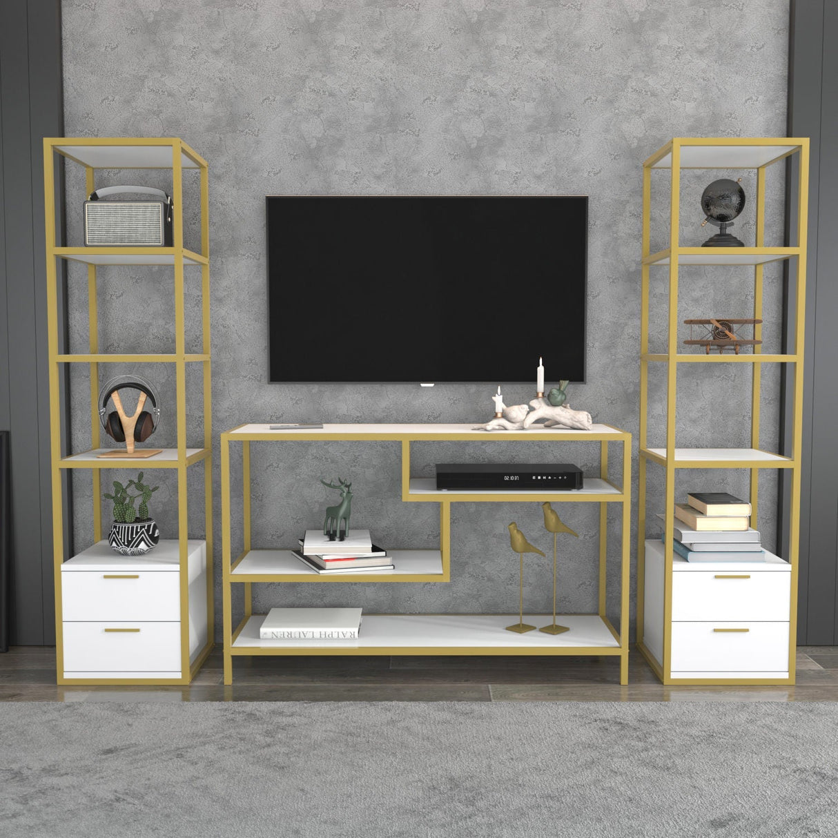 Comodă TV Robbins, Diverse culori, Diverse dimensiuni - Auriu - Alb - 198x39x160 cm | SKU: 322RTC2472 | Comodă TV Robbins, varianta Auriu - Alb - 198x39x160 cm, produs pentru amenajarea locuinței, disponibil online în România la CasaMob