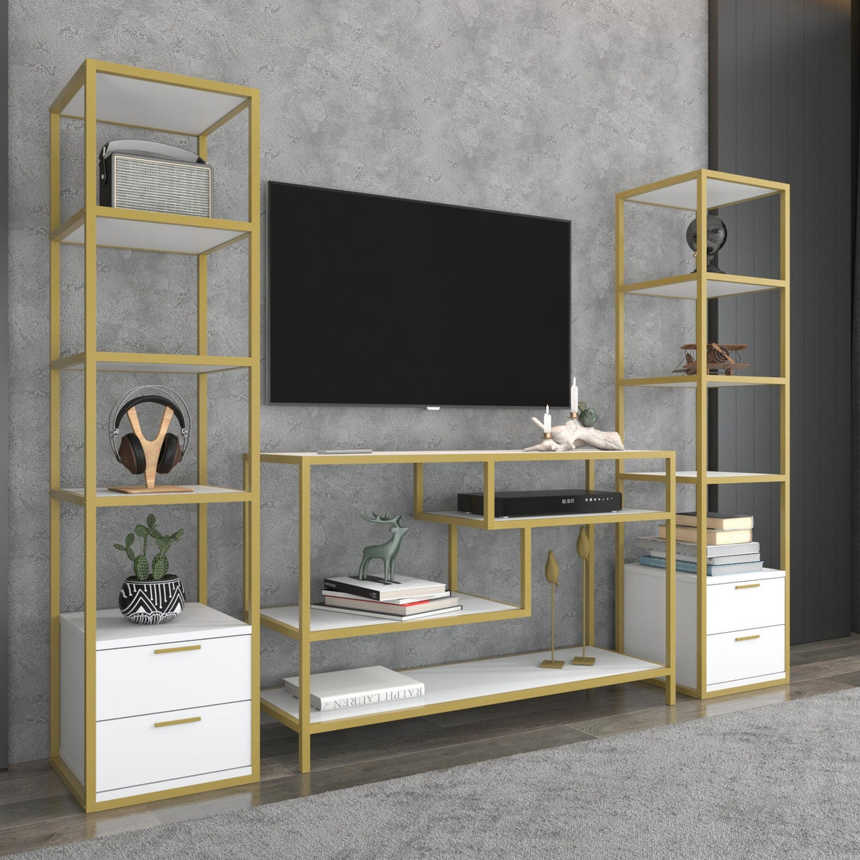 Comodă TV Robbins, Diverse culori, Diverse dimensiuni - Auriu - Alb - 198x39x160 cm | SKU: 322RTC2472 | Comodă TV Robbins, varianta Auriu - Alb - 198x39x160 cm, produs pentru amenajarea locuinței, disponibil online în România la CasaMob