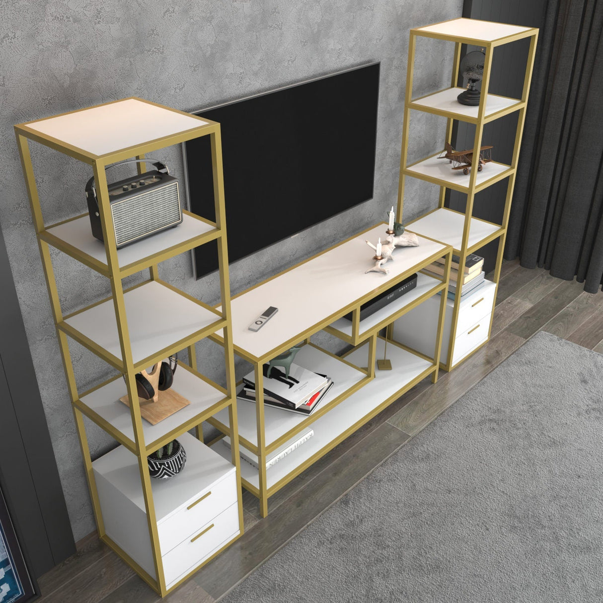 Comodă TV Robbins, Diverse culori, Diverse dimensiuni - Auriu - Alb - 198x39x160 cm | SKU: 322RTC2472 | Comodă TV Robbins, varianta Auriu - Alb - 198x39x160 cm, produs pentru amenajarea locuinței, disponibil online în România la CasaMob