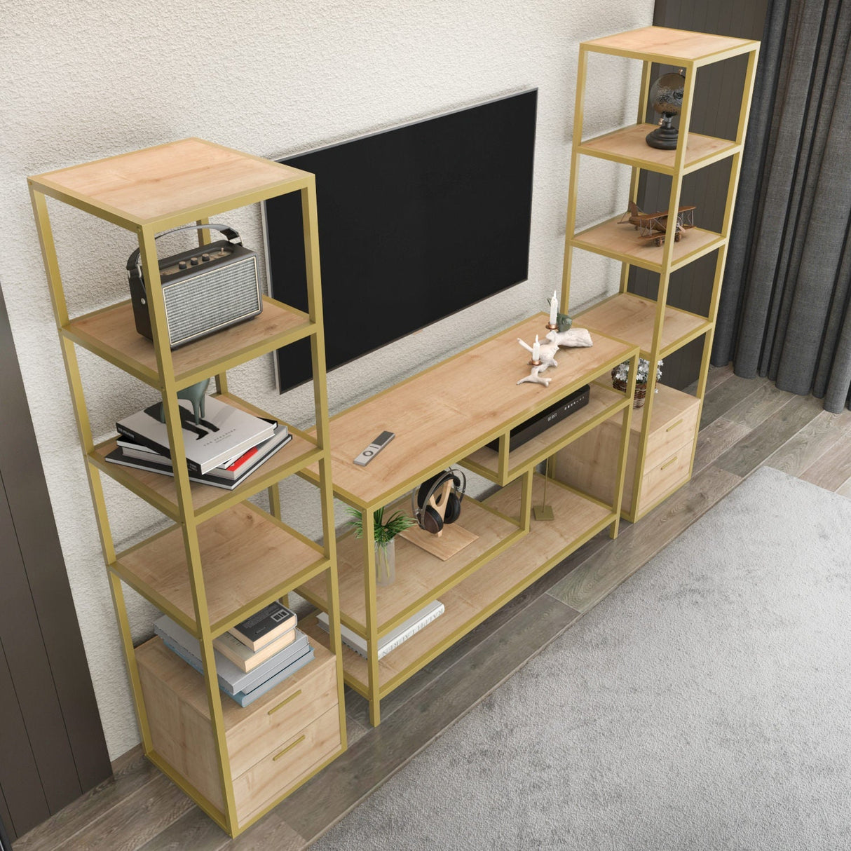 Comodă TV Robbins, Diverse culori, Diverse dimensiuni - Auriu - Stejar - 198x39x160 cm | SKU: 322RTC2473 | Comodă TV Robbins, varianta Auriu - Stejar - 198x39x160 cm, produs pentru amenajarea locuinței, disponibil online în România la CasaMob