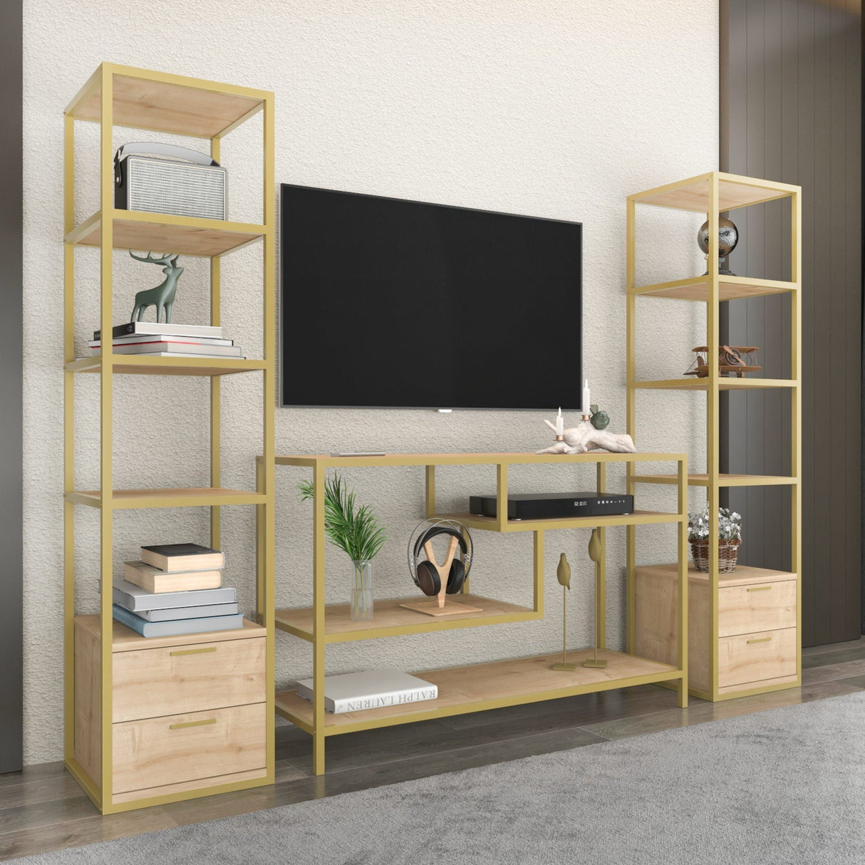 Comodă TV Robbins, Diverse culori, Diverse dimensiuni - Auriu - Stejar - 198x39x160 cm | SKU: 322RTC2473 | Comodă TV Robbins, varianta Auriu - Stejar - 198x39x160 cm, produs pentru amenajarea locuinței, disponibil online în România la CasaMob