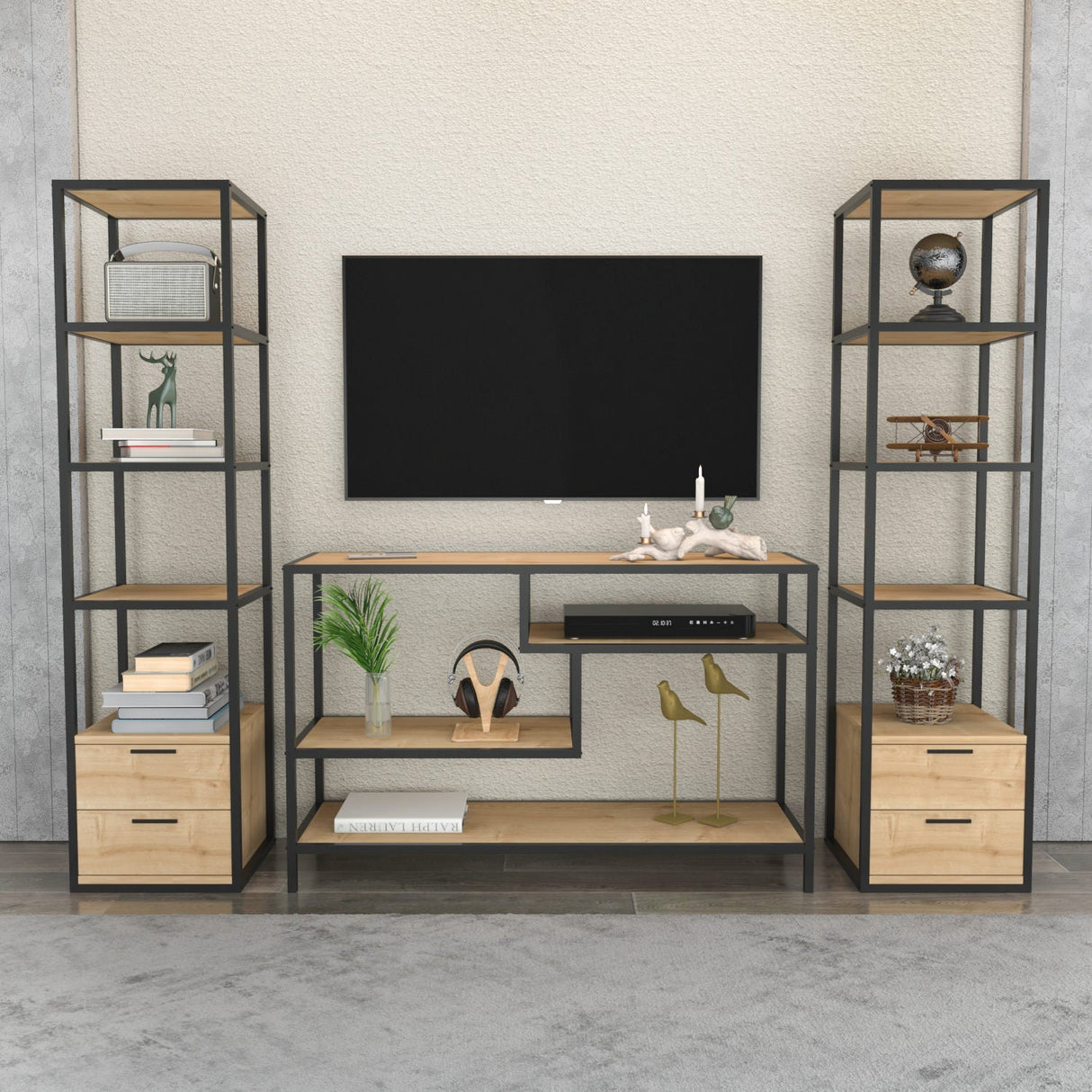 Comodă TV Robbins, Diverse culori, Diverse dimensiuni - Negru - Stejar - 198x39x160 cm | SKU: 322RTC2477 | Comodă TV Robbins, varianta Negru - Stejar - 198x39x160 cm, produs pentru amenajarea locuinței, disponibil online în România la CasaMob