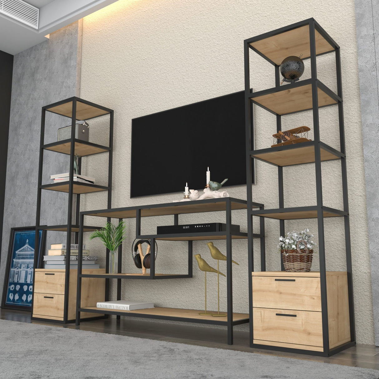 Comodă TV Robbins, Diverse culori, Diverse dimensiuni - Negru - Stejar - 198x39x160 cm | SKU: 322RTC2477 | Comodă TV Robbins, varianta Negru - Stejar - 198x39x160 cm, produs pentru amenajarea locuinței, disponibil online în România la CasaMob