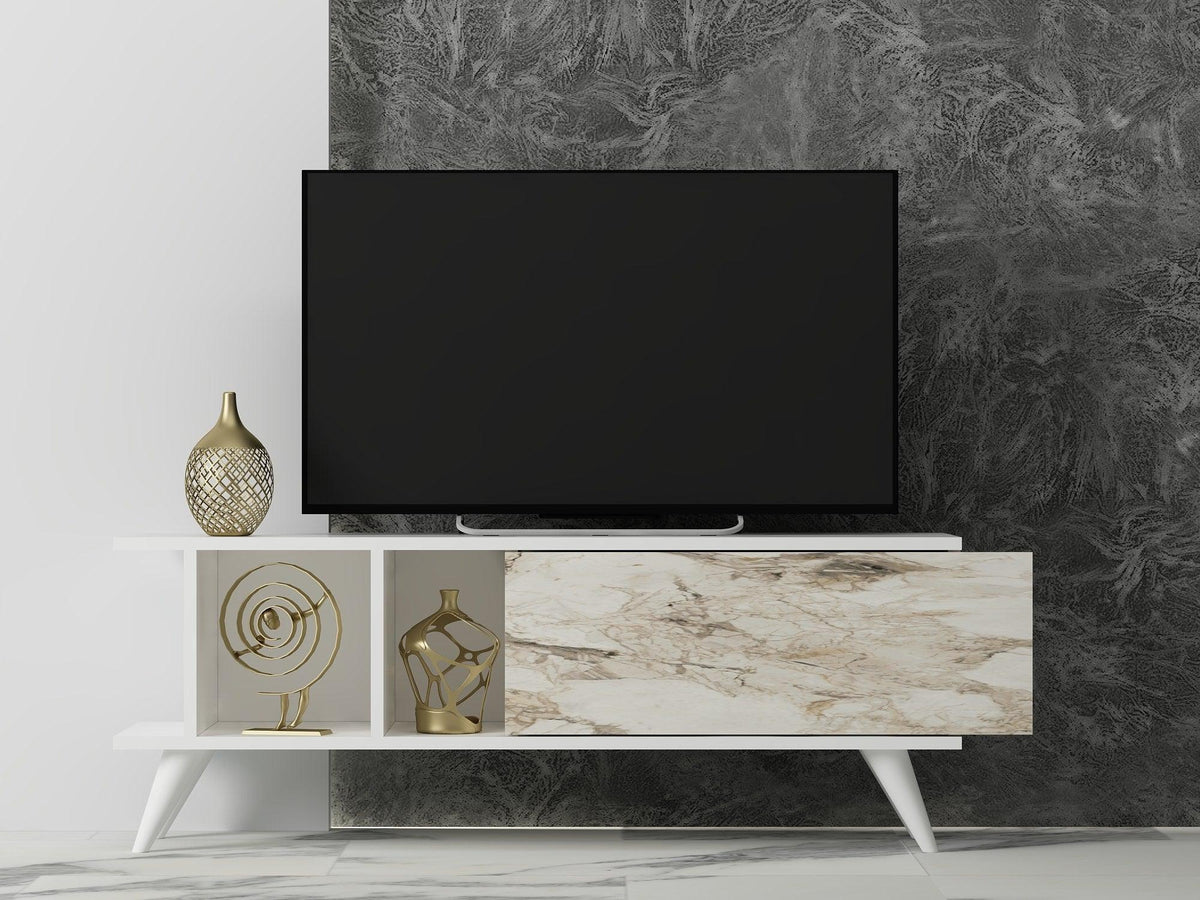 Alb - Marble | SKU: 327ODS1125 | Comodă TV Liberty, 120x30x45 cm, varianta Alb - Marble, produs pentru amenajarea locuinței, disponibil online în România la CasaMob