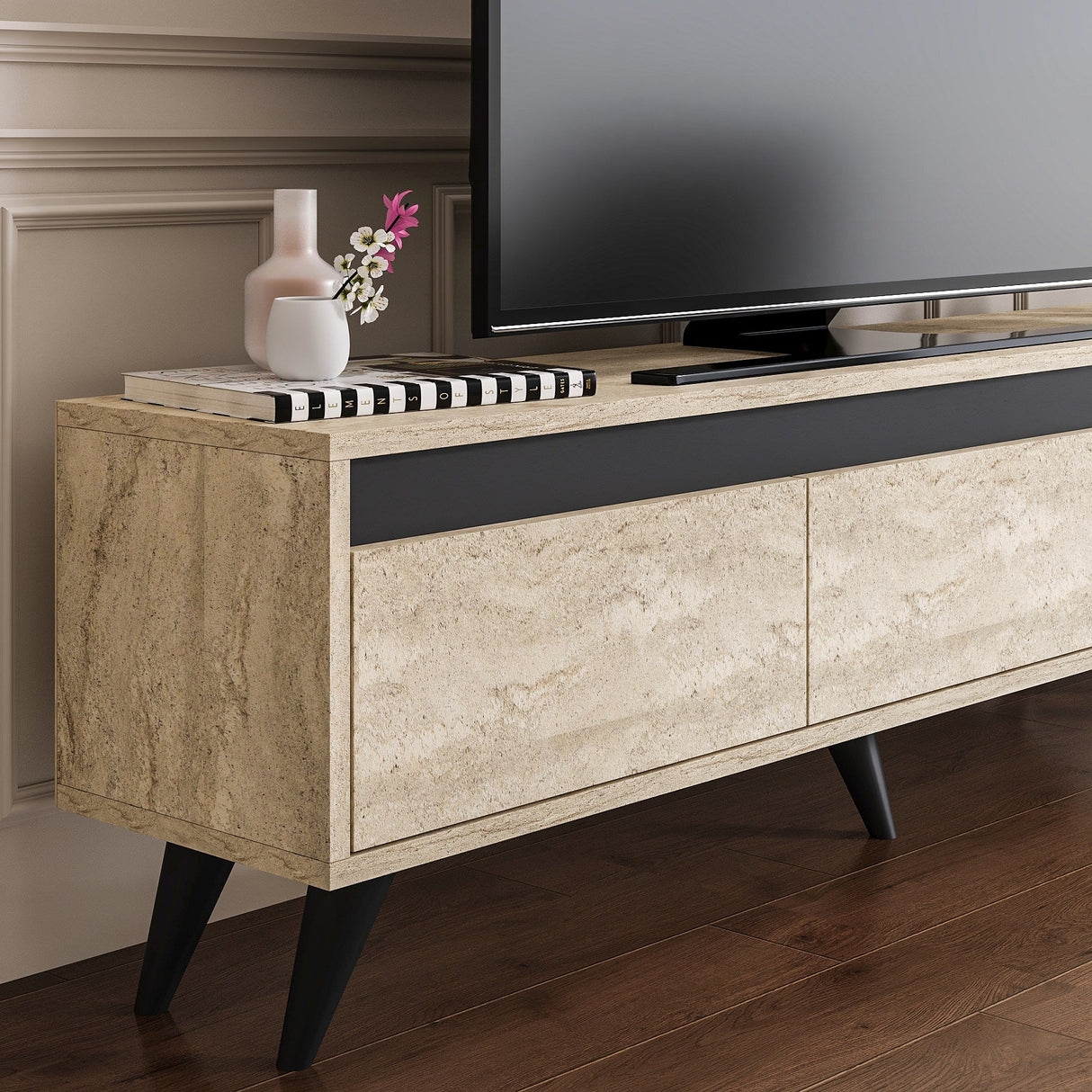 Comodă TV Century, Diverse culori, 150x30x45 cm - Travertin - Antracit | SKU: 327ODS1254 | Comodă TV Century, 150x30x45 cm, varianta Travertin - Antracit, produs pentru amenajarea locuinței, disponibil online în România la CasaMob